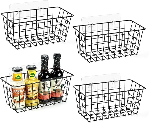 Paquete de 2 cestas de cocina colgantes, cesta de almacenamiento de pared de alambre adhesivo, cestas de frutas colgantes sin perforar, organizador