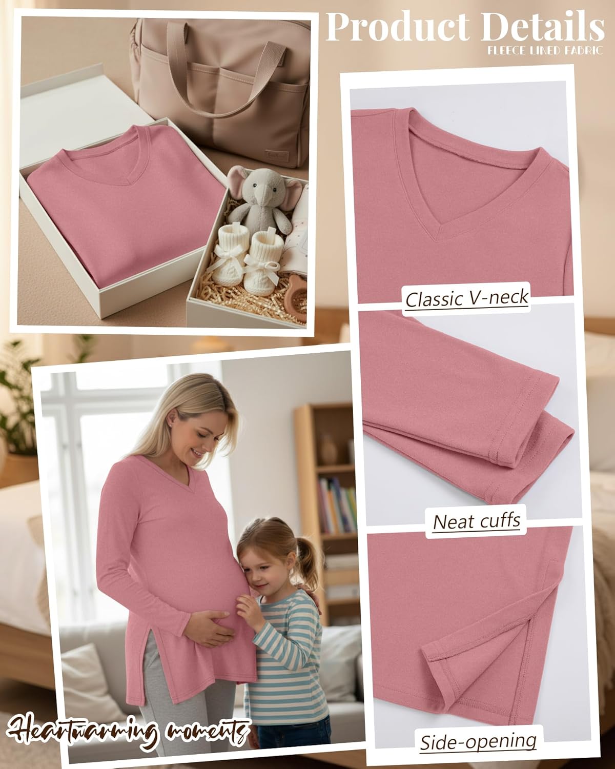 3 Pack Women's Thermal Maternity Shirts Fleece Lined Long Sleeve Tops Split Side V Neck Pregnancy Clothes - Image 5