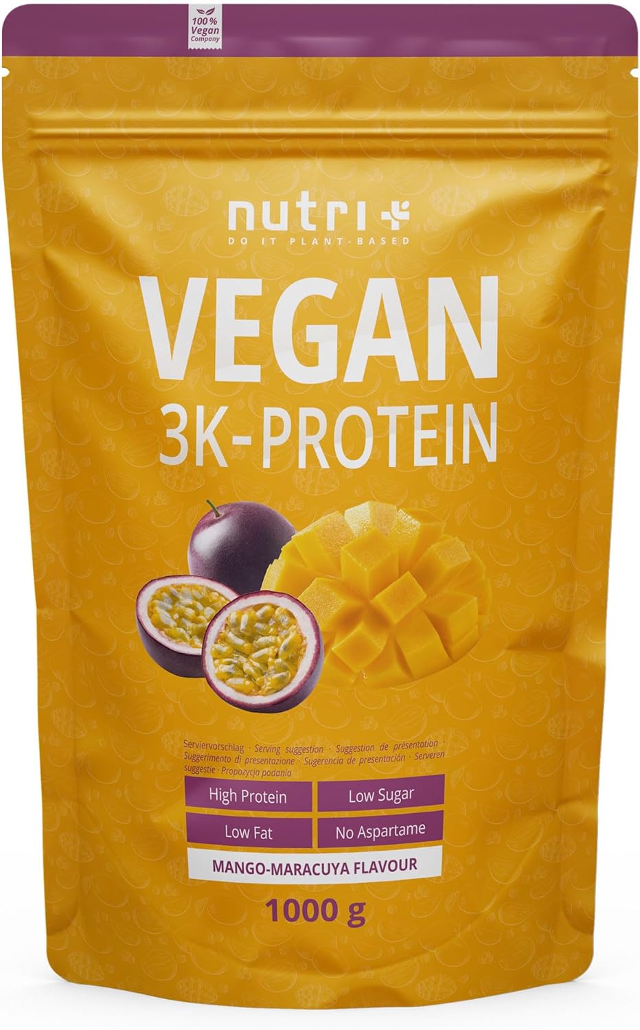 PROTEIN POWDER VEGAN Passion fruit met mango 1kg – 82% proteïne – Nutri-Plus Shape & Shake 3k veganistisch proteïnepoeder – voor spiergroei