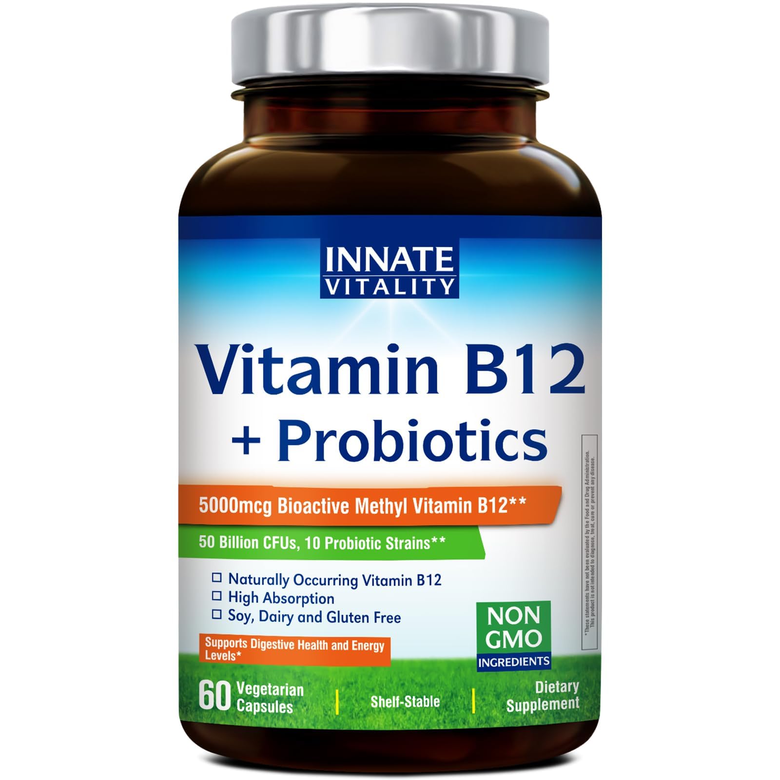 Innate Vitality Vitamin B12 & Probiotics, Bioactive, Naturally Occurring Methyl B12 5000 MCG, 50 Billion CFUs from 10 Probiotic Strains, for Gut, Immune & Energy, 60 Vegetarian Capsules