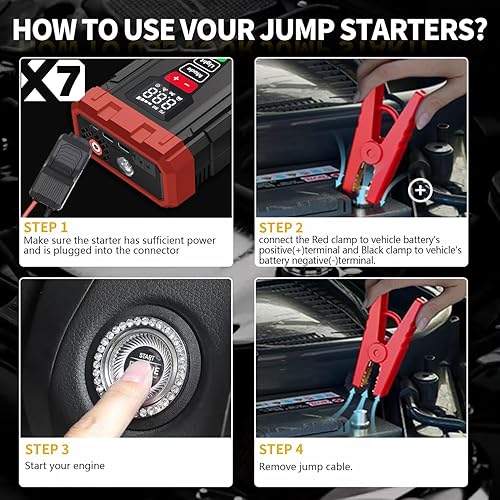Miniatura 8 de X7 1750A Jump Starter Compresor de aire de 150 PSI Paquete de refuerzo de batería de litio de 12 V, caja de salto portátil, banco de energía y
