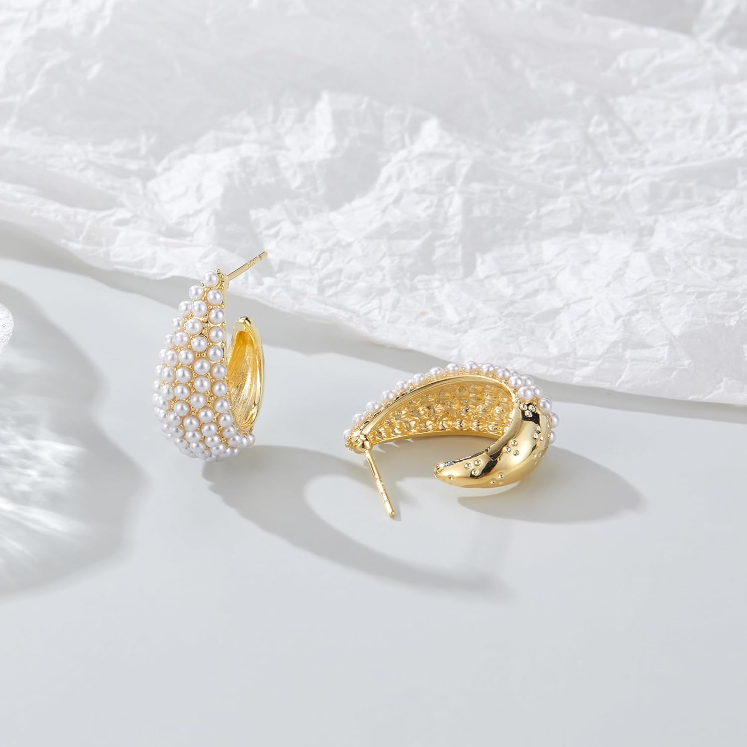 Pearl Hoop Earrings for Women, Trendy 14K Gold Plated Round Pearl Cuff Hoop Earrings Hypoallergenic Statement Earrings Jewelry for Her - Image 7