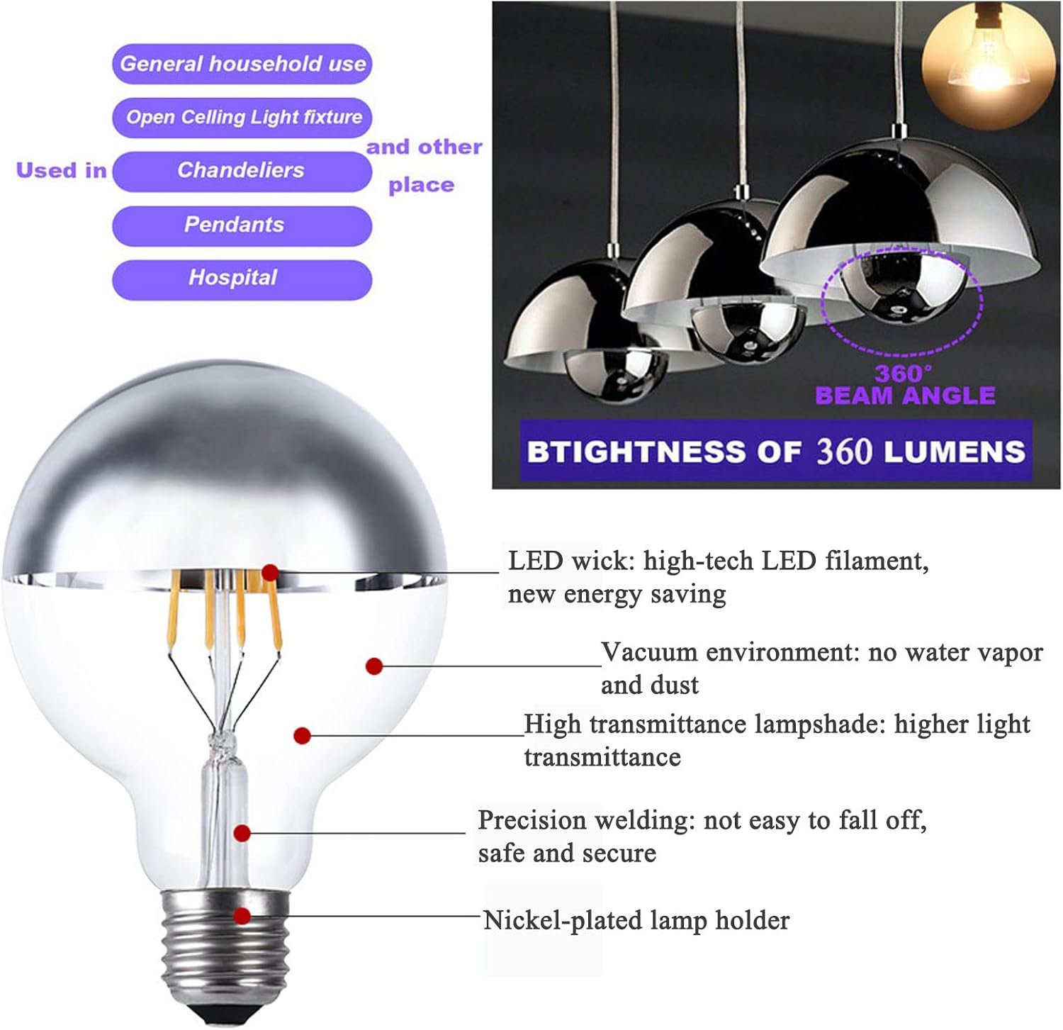 4-Pack 4 Watt Half Chrome Light Bulbs Dimmable G25(G80), E26 Natural White 4000K 40W Equivalent 360lm Edison LED and Christmas Decorative Bulbs with Silver Mirror for Indoor Living Room, AC 120V