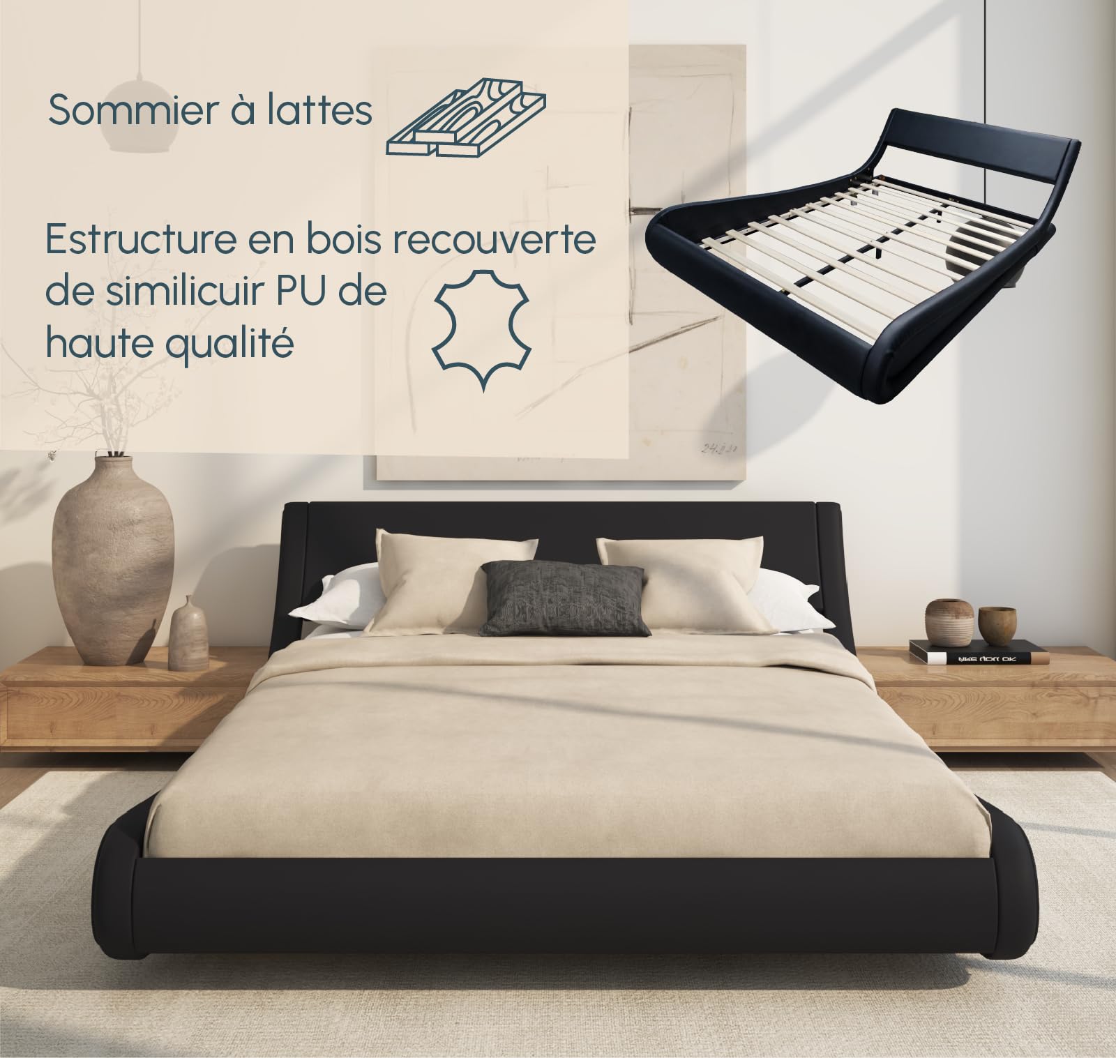 MB Muebles Bonitos | Lit Double Alessia avec Coffre de Rangement | pour Matelas 180x200 cm | Cadre de Lit en Simili Cuir Noir avec Sommier à Lattes | Design Moderne et Élégant