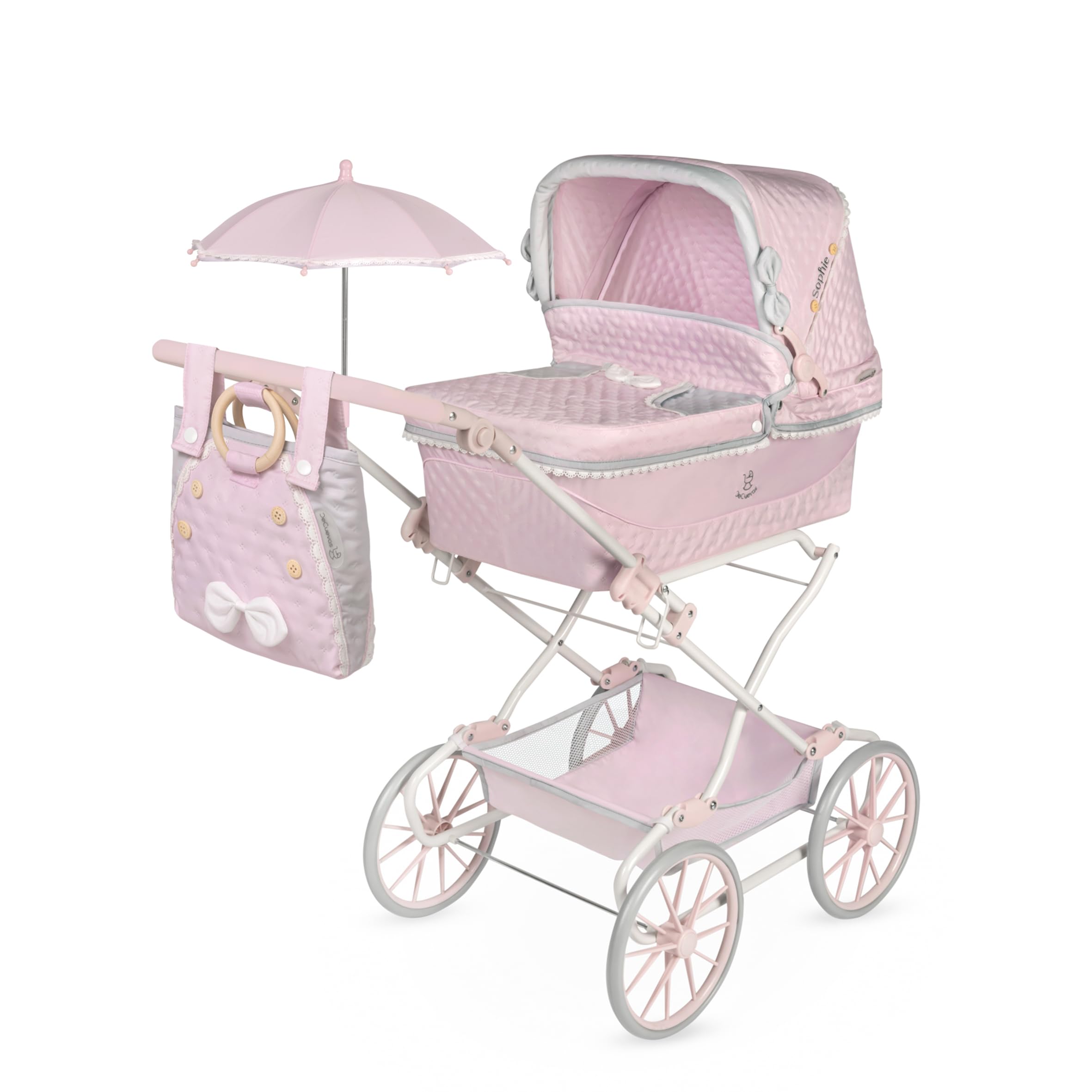DeCuevas 82075 Sophie Folding Doll's Pram with Parasol, Pink