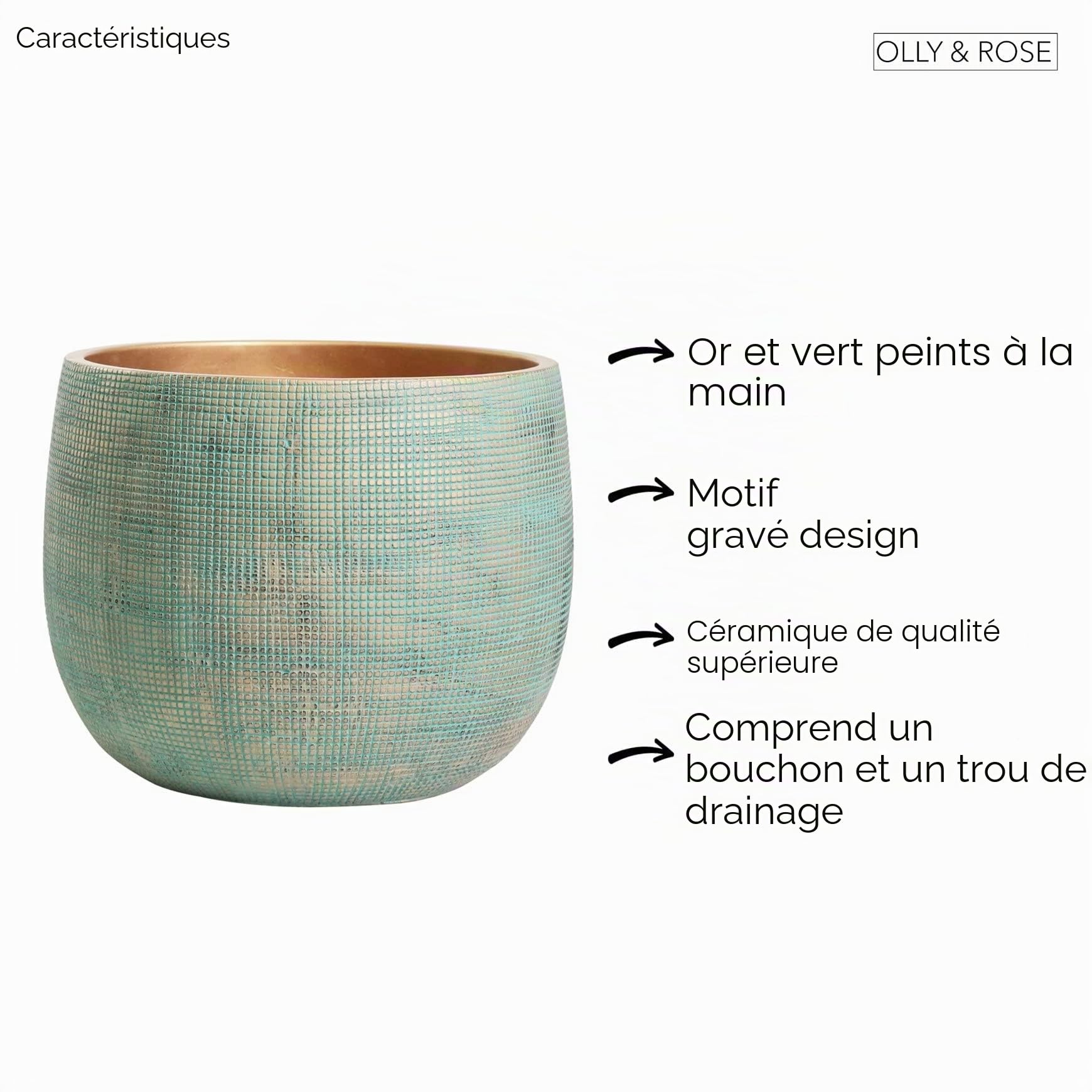 Olly & Rose Bali – Pot de Fleurs en céramique Vert doré – Grand 25 cm – Jardinières d'intérieur et d'extérieur (Vert et doré Grand)