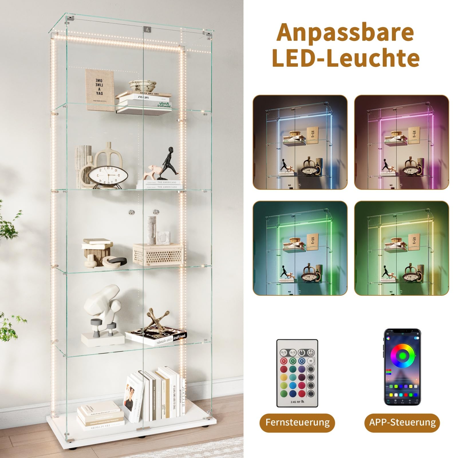 BestAlice Vetrina in vetro, armadietto da collezione con striscia luminosa a LED e lucchetto, armadietto con 2 ante, 5 ripiani, cassetta di presentazione, mobili trasparenti, per soggiorno, bar