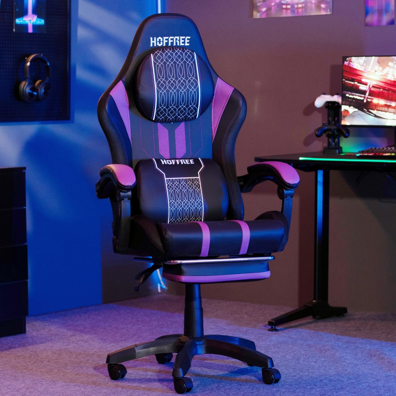 HOFFREE Gaming Chair Massage with Speakers Bluetooth and Footrest Big and Tall Video Game Chair for Heavy People 400lb with Massager for Adults Purple and Black