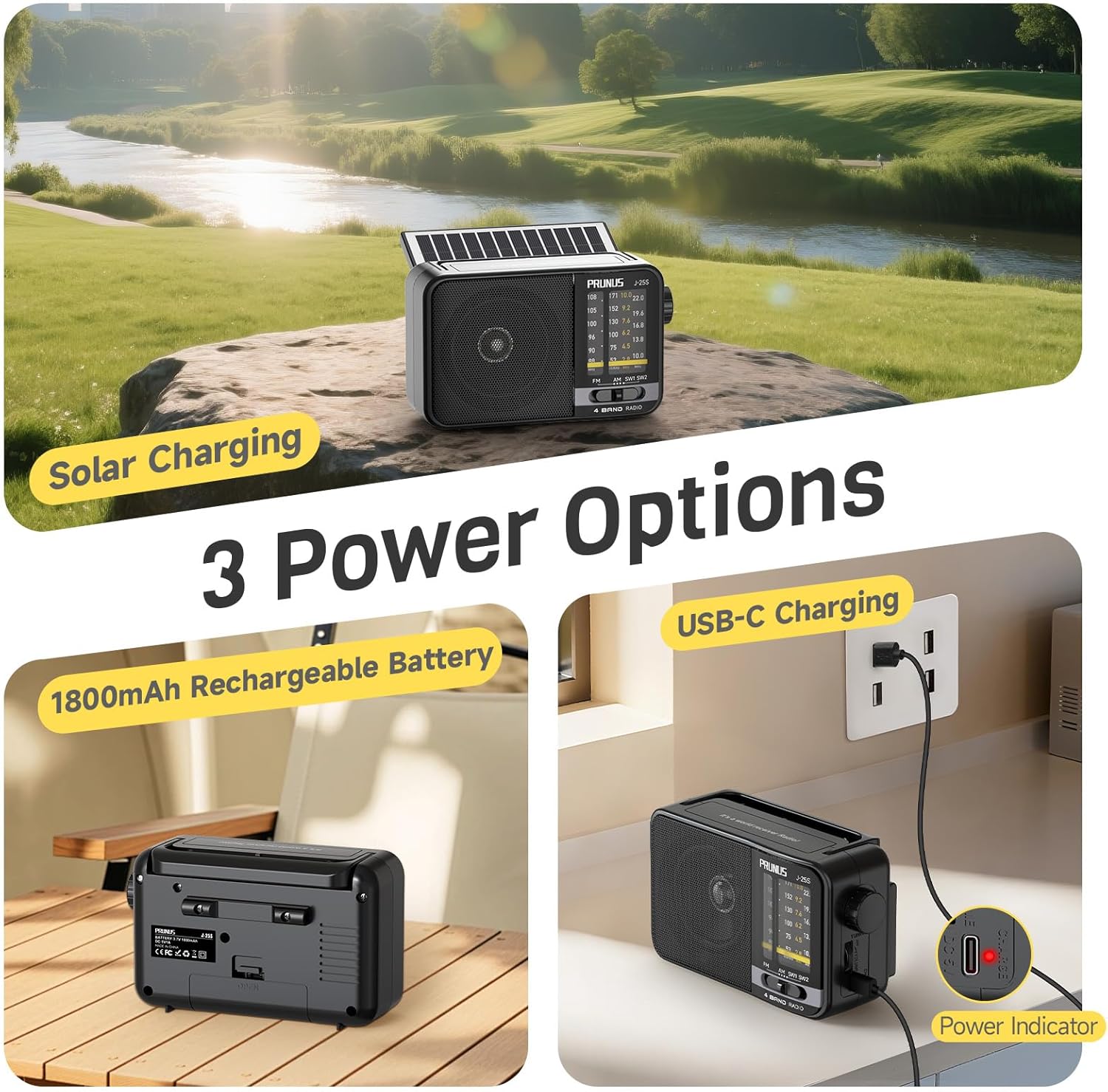 PRUNUS J-25S radio showing three power options: 1800mAh rechargeable battery, USB-C charging, and solar charging.