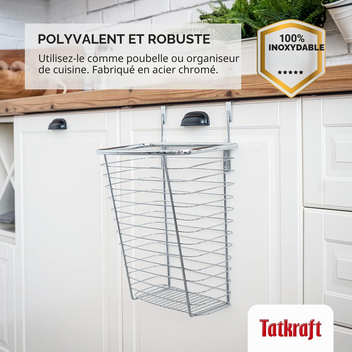 Tatkraft Top Panier Corbeille de Rangement sur Porte de Placard, Poubelle de Placard Suspendue, Grillage Chromé Effet Design
