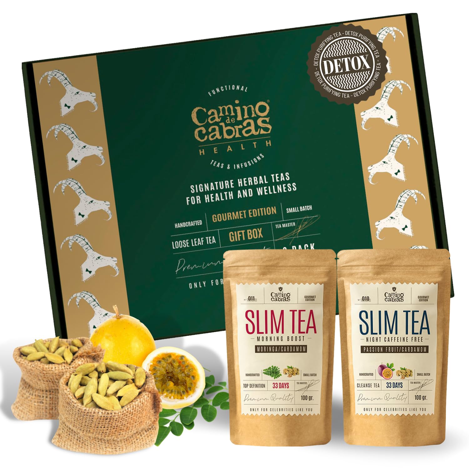 Slim Tea Gift Set – Detox Tea for Weight Loss and Belly Fat Support – Bloating Relief – Morning Boost & Night Caffeine Free Loose Leaf Slimming Herbal Infusions 2 x 100g (100 cups) – Camino de Cabras