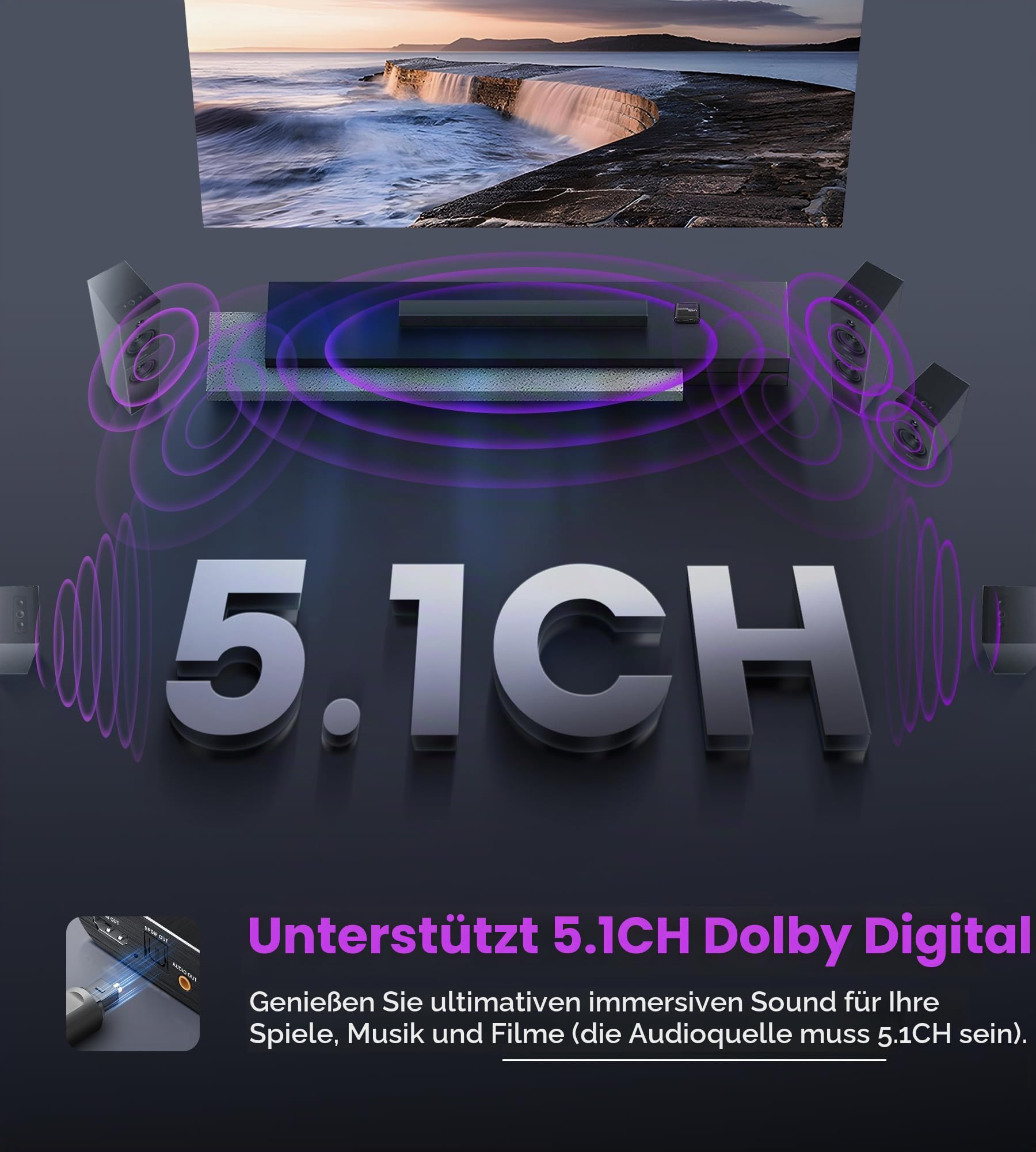 avedio links HDMI Audio Extractor, 8K@60Hz hdmi zu Optical Toslink SPDIF + 3,5mm AUX Stereo, HDMI ARC/eARC audio Converter Adapter Splitter Unterstützung HDCP2.3 Digital PCM DTS 5.1
