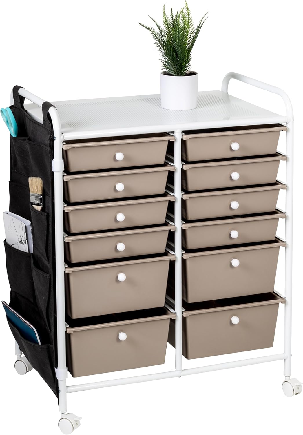 Honey-Can-Do Honey Can Do 12-Drawer Metal Rolling Storage Cart with Side Pockets CRT-09104 White - Image 7