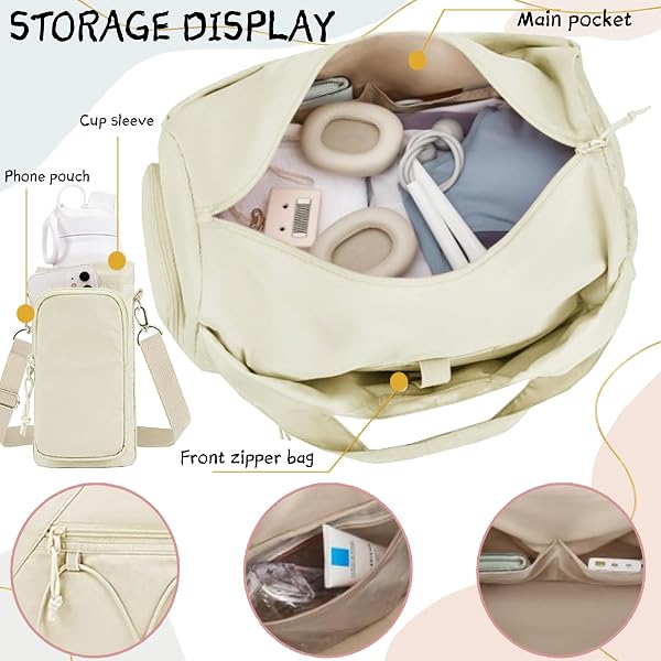 AUNGKWANG Sac de Gym pour Femme, Sac de Voyage Léger avec Compartiment à Chaussures, Compartiment Humide et Sacs de Bouteille d’Eau, pour Voyages, Randonnée, Natation, Yoga, Weekends - 5