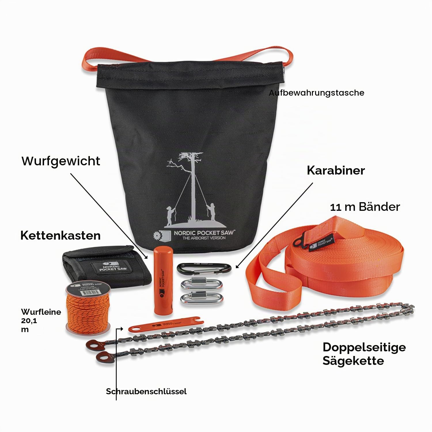 Nordic Pocket Saw Handkettensäge für hohe Äste - The Arborist V2-83 cm Doppelseitige Sägekette - 11m lange Nylonriemen & Aufbewahrungstasche - Kompakt Hochastschneider - Seilkettensäge