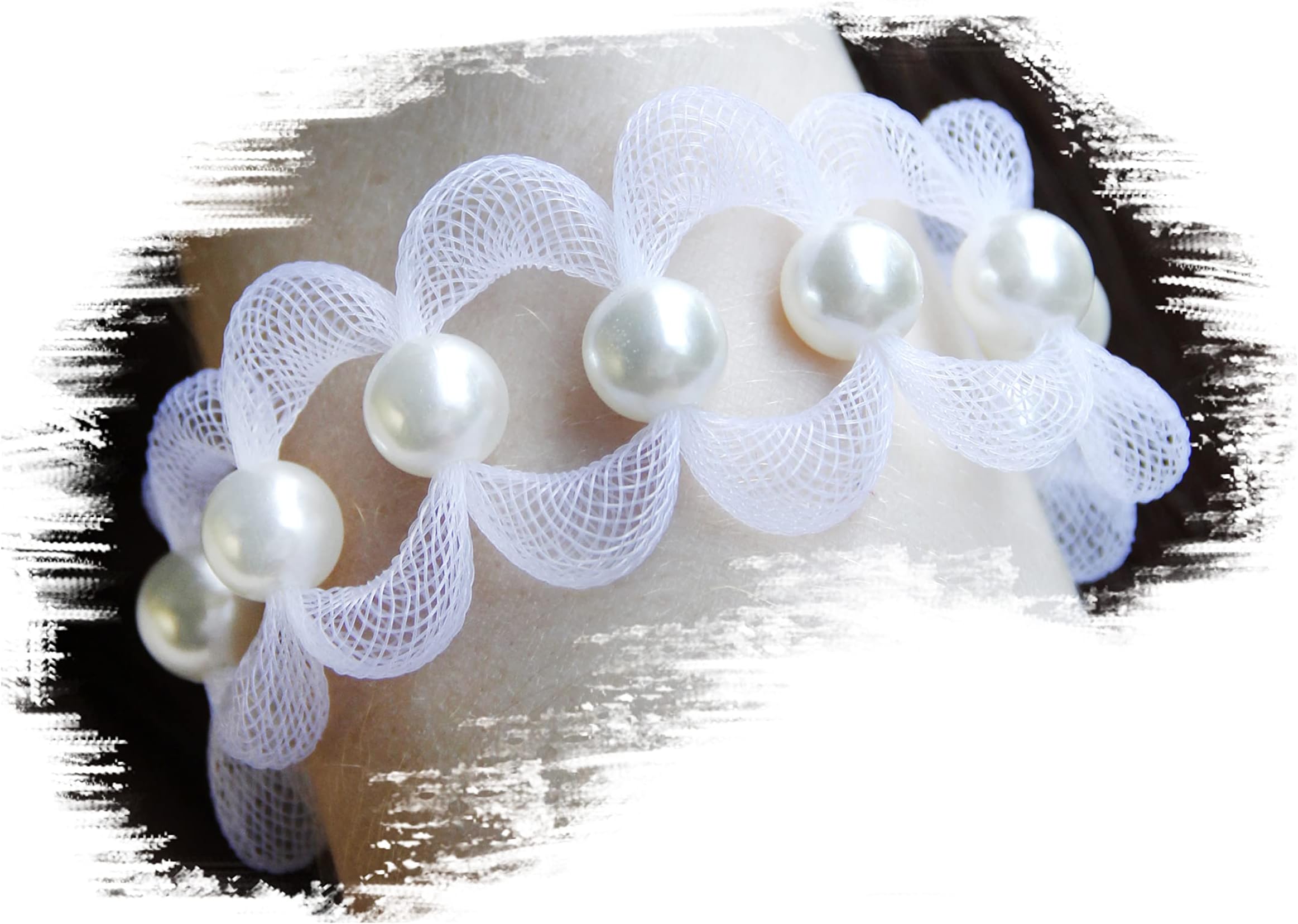 Beades Bracelet for Women White - Beaded Bracelets for Teen - White Fashion Bracelet - Wide White Bangle Bracelet for Teens - Jewelry Thick Bracelet - Jewelry Net and Big Pearl Beads