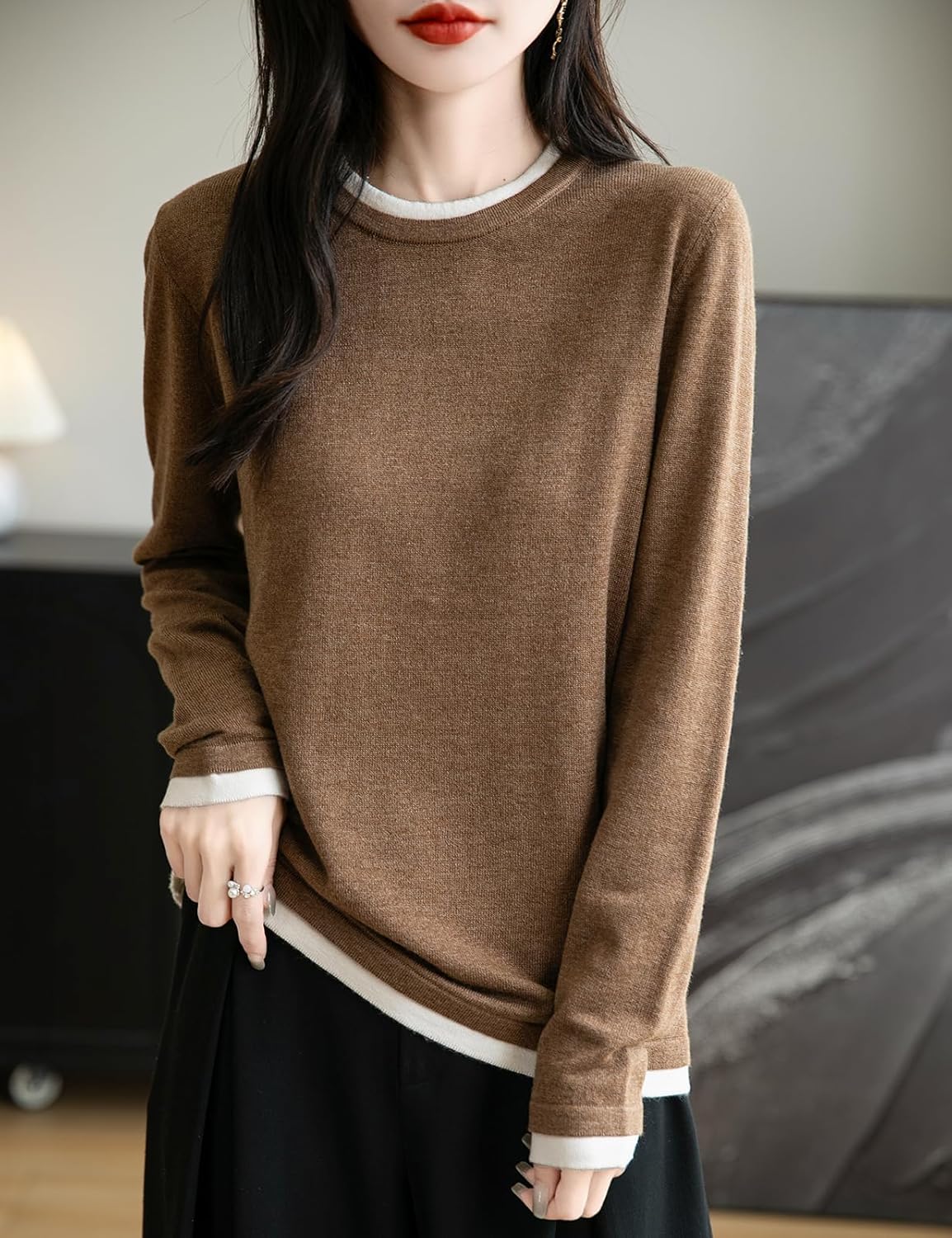 Women's Merino Wool Blend Sweater Fall Winter Fake Two Piece Color Block Shirt Crewneck Long Sleeve Knit Pullover - Image 3