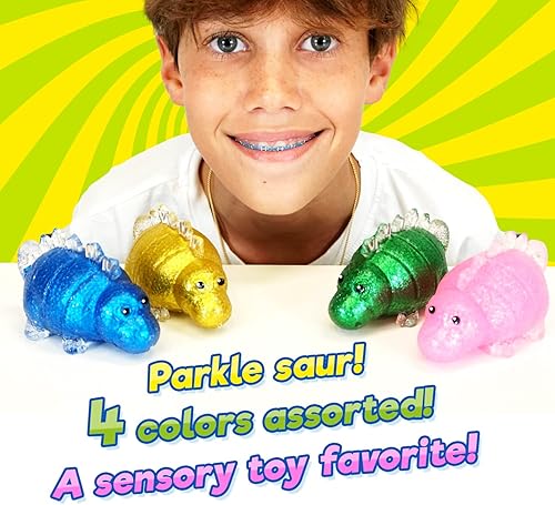 Miniatura 10 de Bola para ansiedad brillante de dinosaurio llena de purpurina (4 dinosaurios), bola de dinosaurio elástica para aliviar el estrés, juguete para