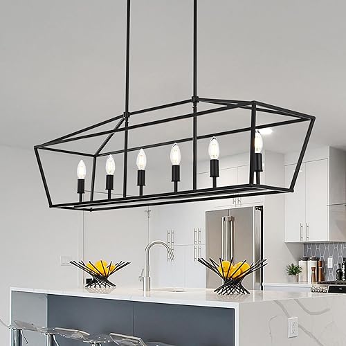 Miniatura 1 de MELUXEM Iluminación negra para isla de cocina, 6 luces, lámpara de araña lineal para comedor y dormitorio, base E12