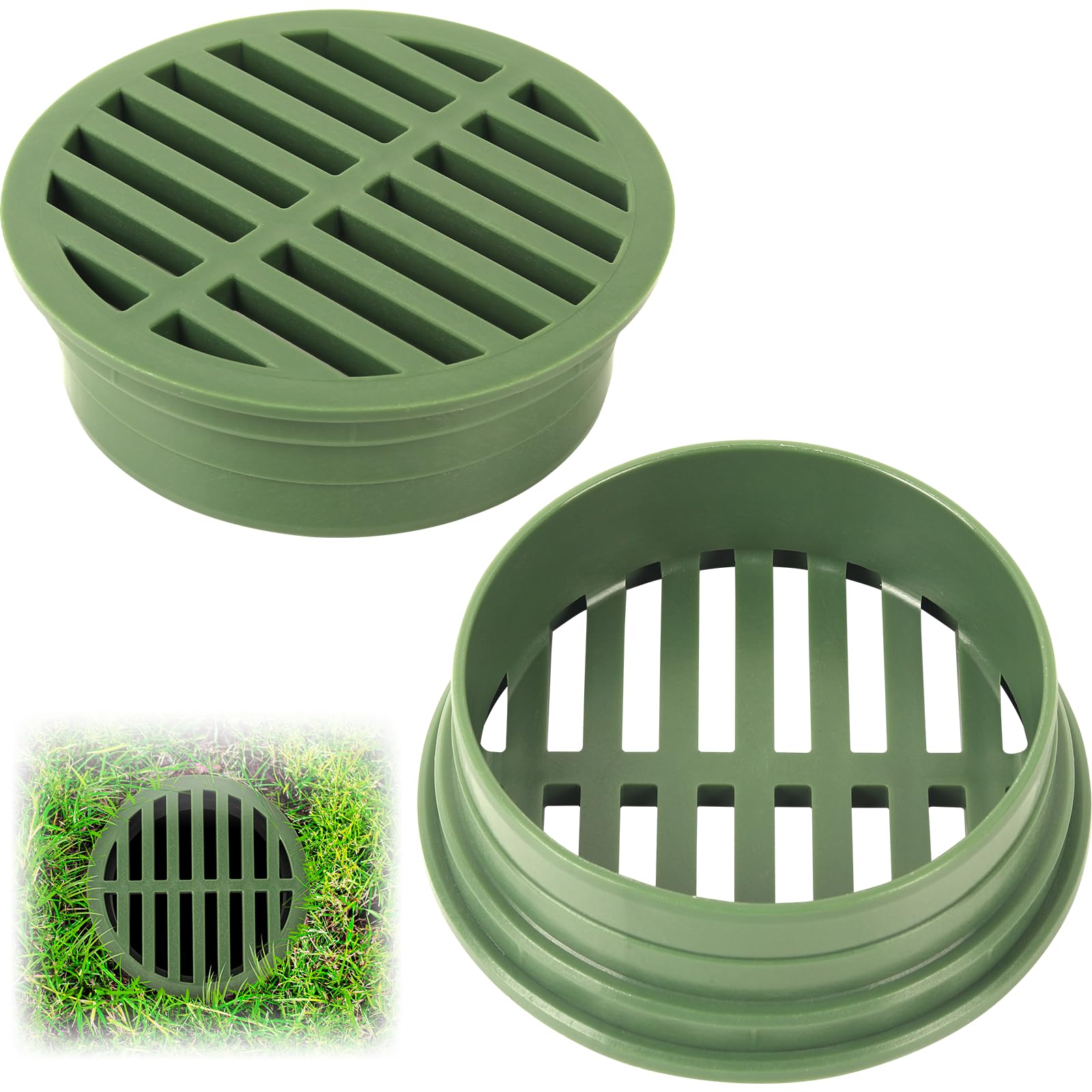 Photo 1 of (2 Pack) Calvana 4” Plastic Round Drainage Grate Cover, Fits 4” Pipes, Prevents Debris, Ideal for Lawns, Patios, and Walkways, Durable UV-Resistant Plastic, Easy Installation, Green