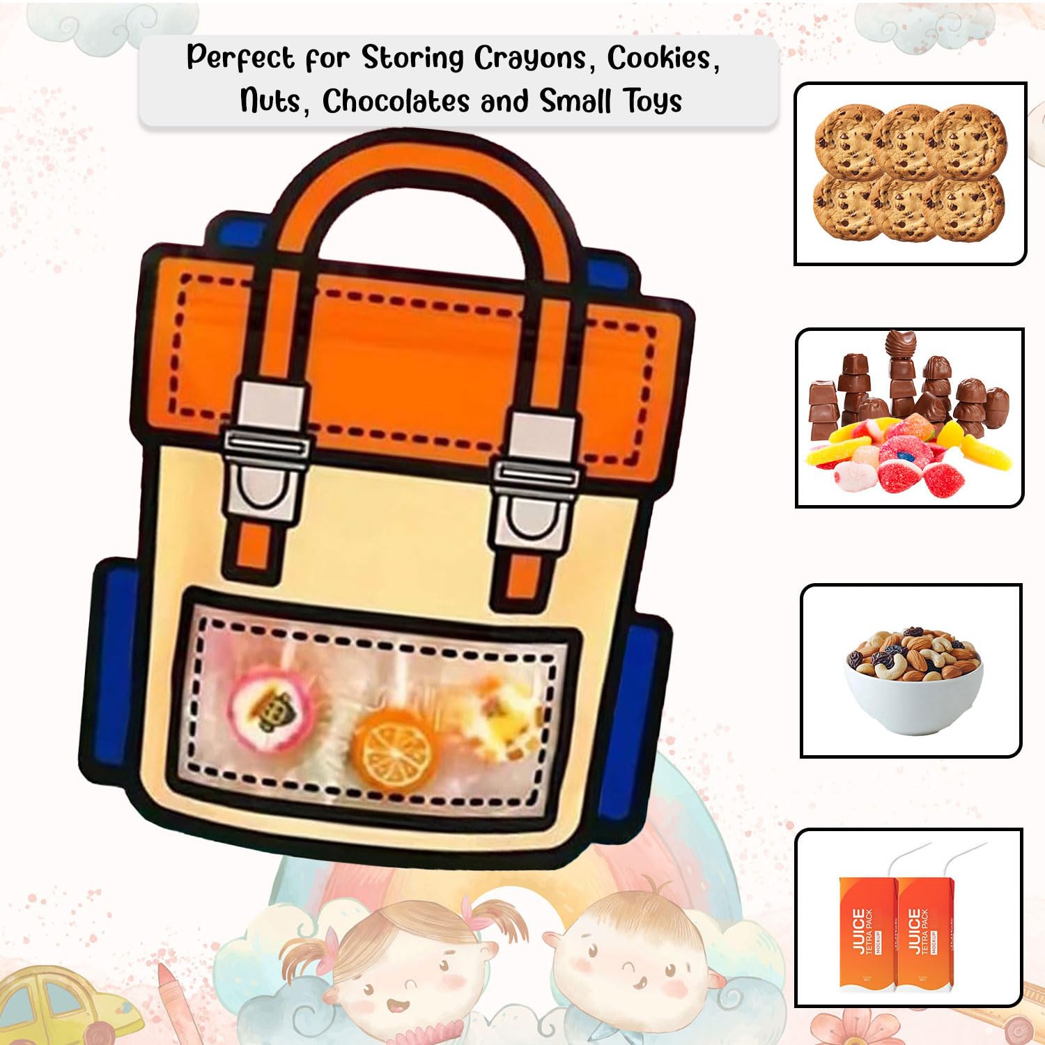 SKY FLEXI PACK – 10 Pcs, Medium, School Bag Themed Candy & Cookie Bags (24cm x 28cm, Orange) – Perfect Goody Bags for Kids, Ideal for Return Gifts for Birthday and Party Favors 4