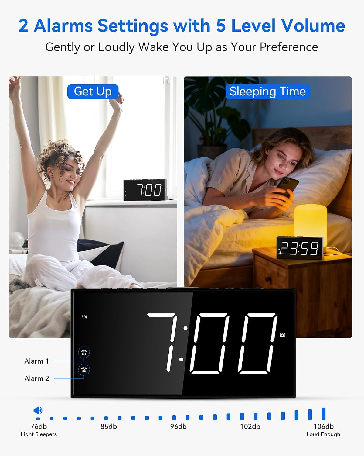 Eoxsmile 7.5" Digital Alarm Clock for Bedroom with Power Adapter, Dual Alarms Big Numbers Snooze USB Port Dimmable 5 Volumes Battery Backup 12/24H & DST Led Loud Alarm Clock for Heavy Sleepers Adults