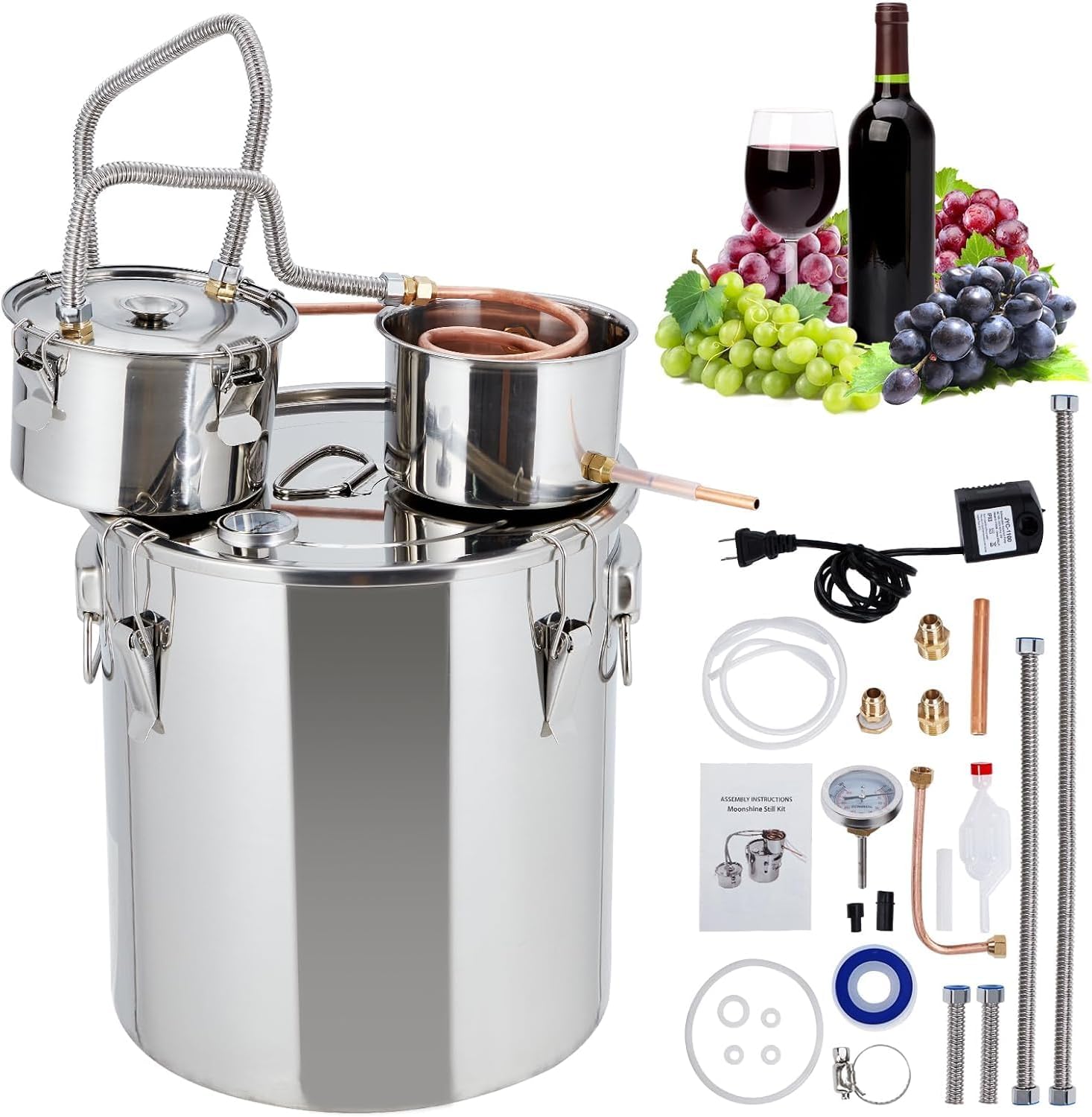 13.2 Gal/50L Alcohol Still, 3 Stainless Steel Pots Home Brewing Kit with Built-in Thermometer, Water Pump for DIY Whiskey, Wine, Brandy, Bourbon, Essential Oil