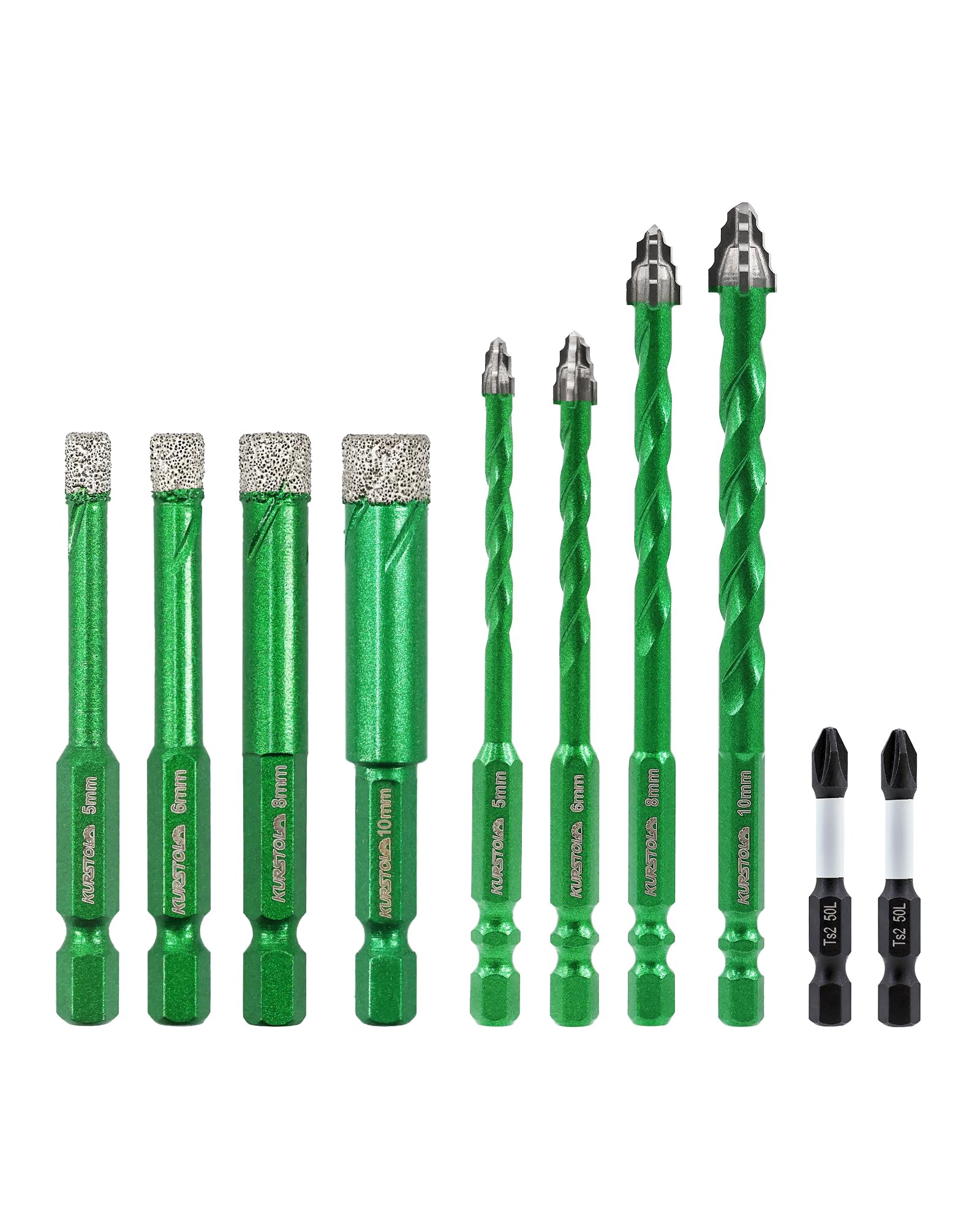 KURSTOL Diamond Drill Bit Set 10pcs - 5/6/8/10mm Masonry Drill Bit with PH2 Screwdriver Bit for Porcelain Tile Ceramic Granite Marble Glass Wood Plastic Masonry