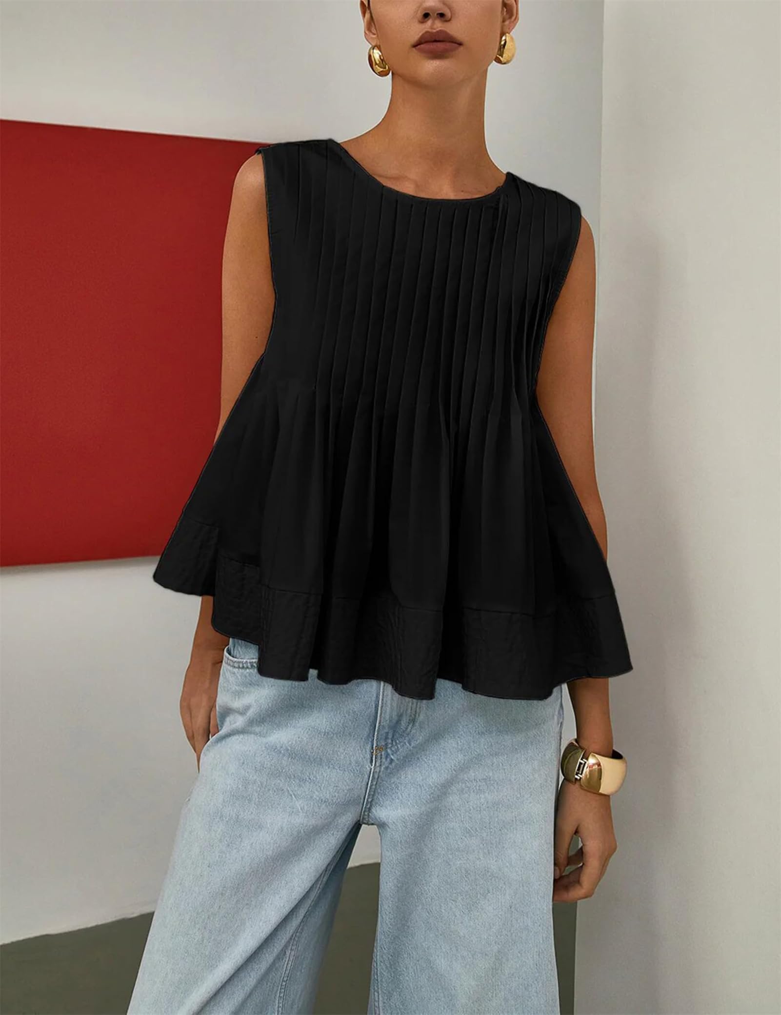 Damska letnia plisowana bluzka bez rękawów z peplum, śliczne plisowane koszulki bez rękawów z falbanką na ramiączkach tank top