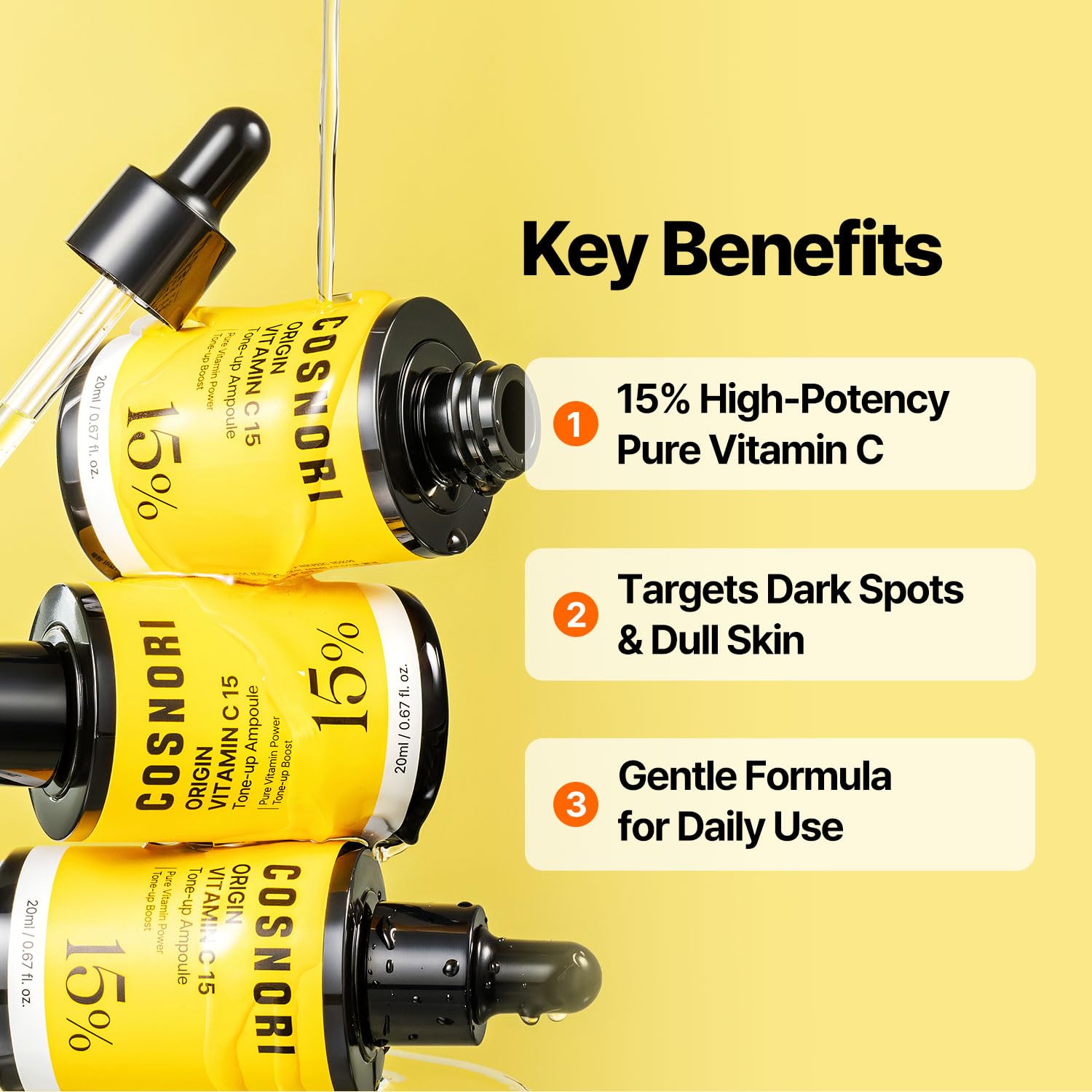 COSNORI Origin Vitamin C 15% Tone-Up Ampoule | Beginner-Friendly Daily Serum with 15% Premium Pure Vitamin C, Dark Spot Care, Lightweight, Low-Irritation Formula for Sensitive Skin, Korean Skin care