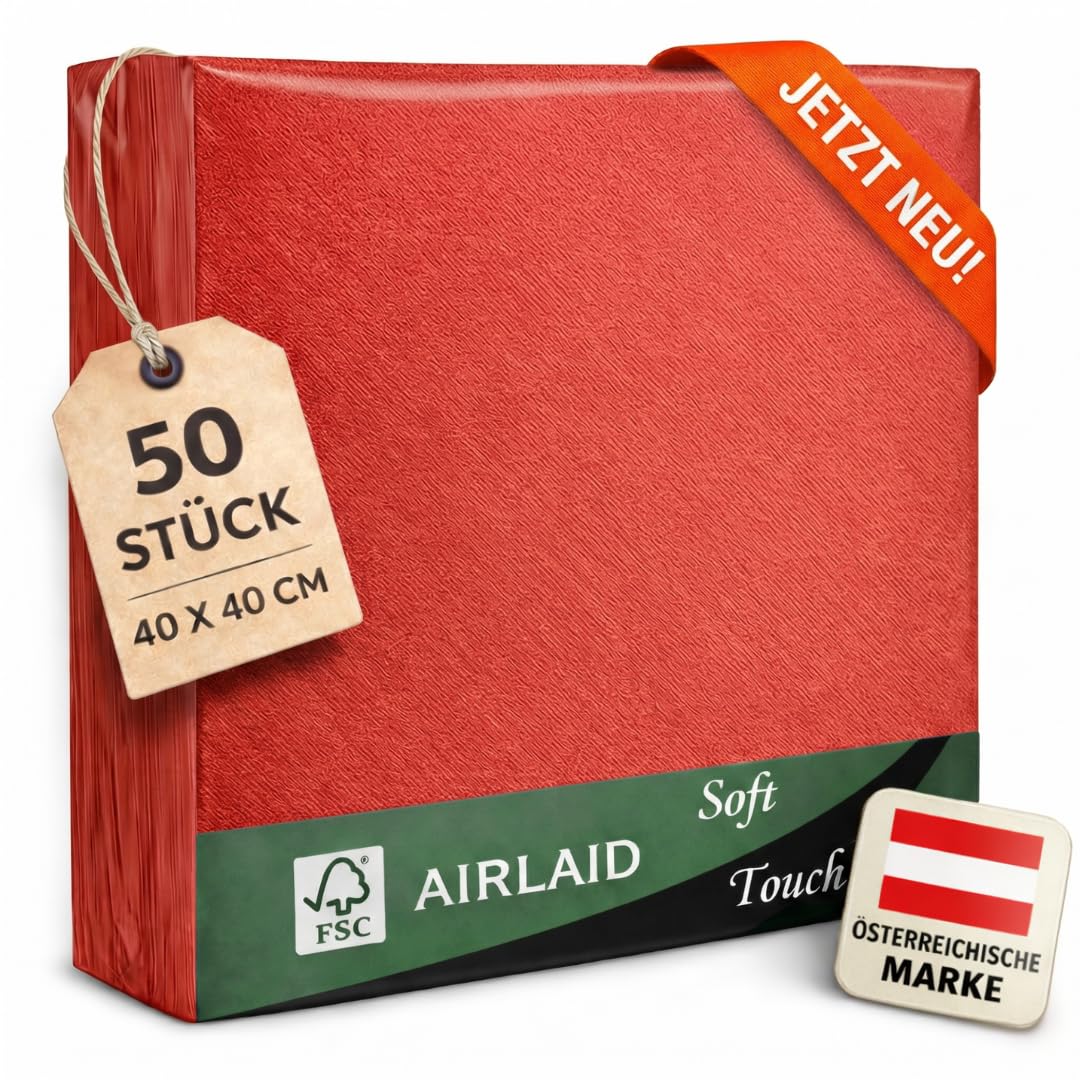 EV® Airlaid Servietten - 50 Stück, Rot (40 x 40 cm) - Stoffähnlich | Stilvolle Tischdeko - Einfarbig, Saugstark & Elegant - Ideal für Hochzeit, Geburtstage & Feste