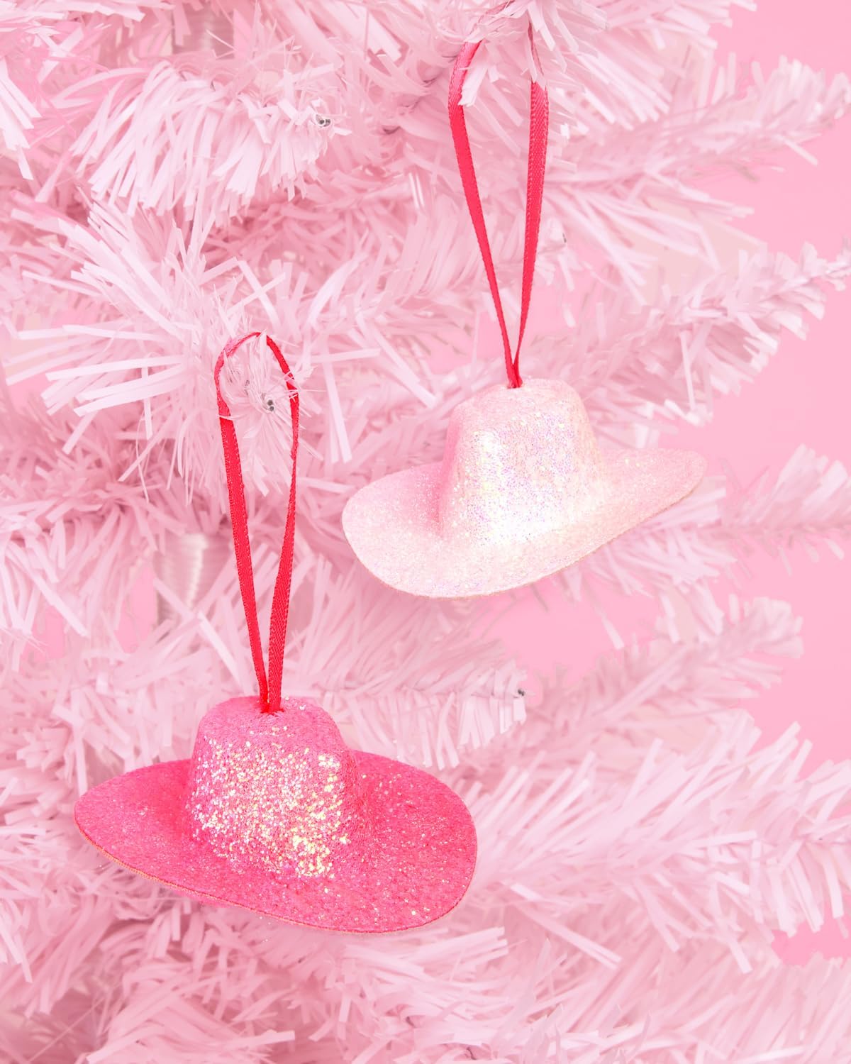 xo, Fetti Cowgirl Hat Ornament Set- 10 pcs | Pink Glitter Christmas Tree Decorations, White Holiday Party Supplies, Cute Sparkle Winter Gift, Stocking Stuffer