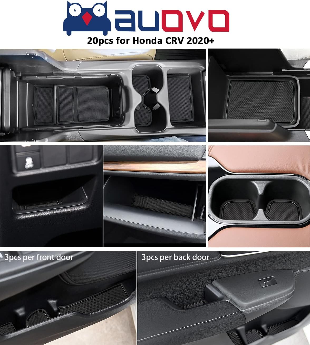 Auovo 20pcs Anti Dust Mats for 2022 2020 2021 Honda CR-V/CRV Accessories Premium Custom Non-Slip Car Cup Holder Inserts, Center Console Liner, Door Pocket Liners Interior(Black Trim)