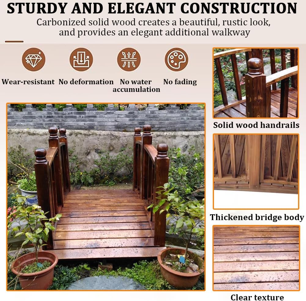 Carbonized Solid Wood Garden Bridge, Thickened Wooden Arch Bridge with Safety Railings, Outdoor Access Arched Footbridge, Natural Curved Walkway, Brown