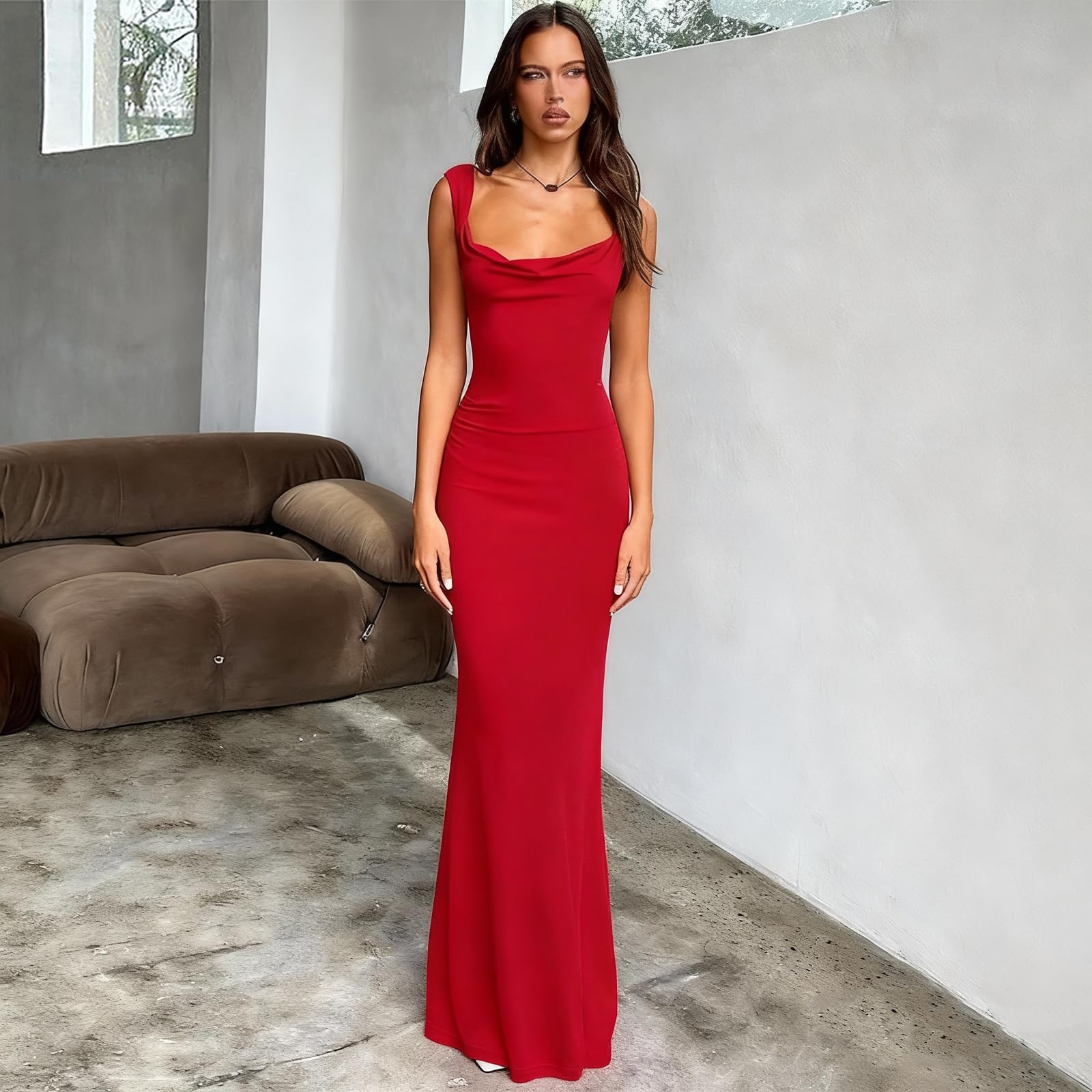 Robe Femme Longue Sexy Dos Nu Maxi Robes sans Manches Elégant Robes Moulante Col en Carrée Bodycon avec Nœud Papillon d'Été Robe de Soirée Cocktail Club Party Cérémonie
