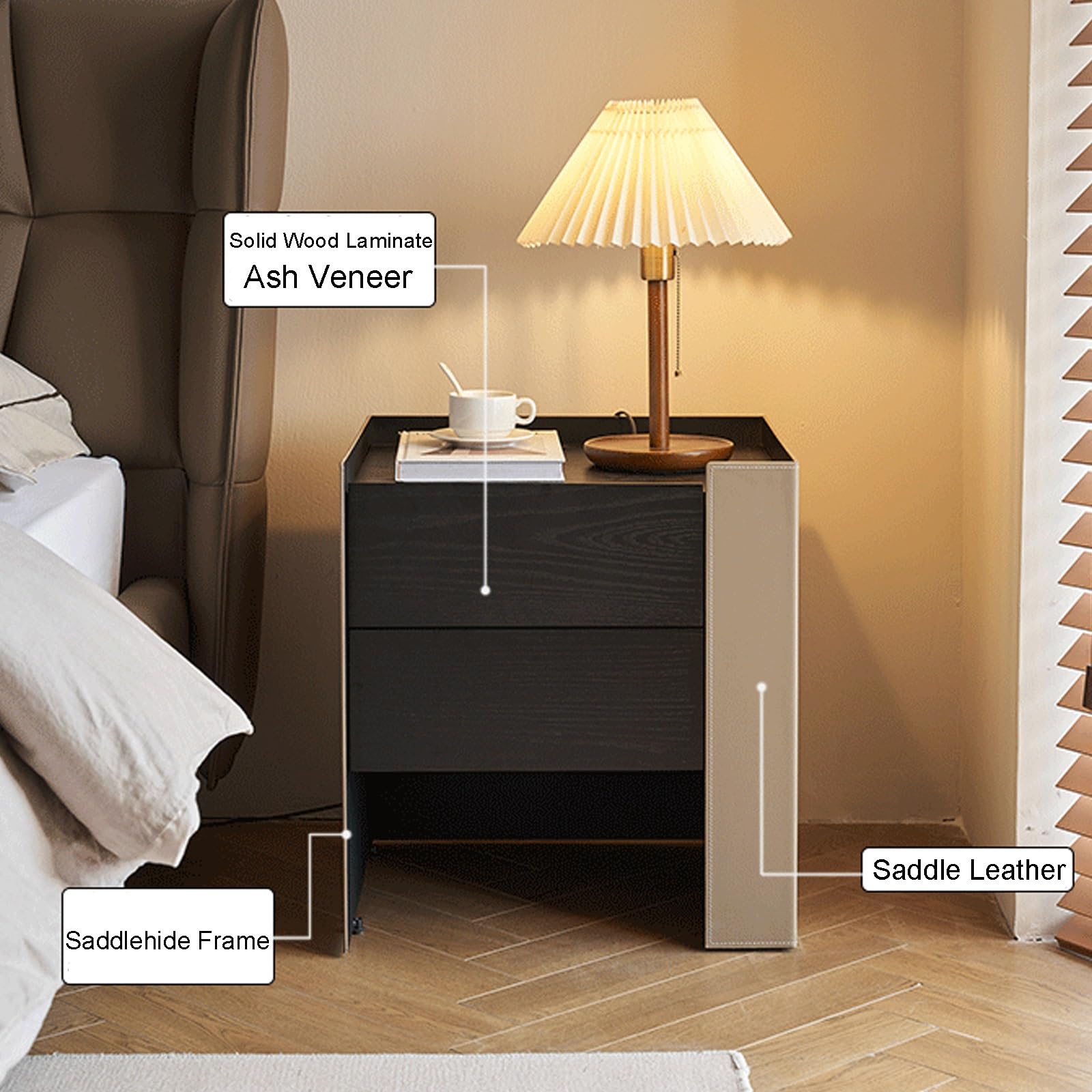 Comodino in legno massello con finitura effetto cuoio, silenzioso, con 2 cassetti, senza bisogno di montaggio, moderno, lato destro, finitura arancione - perfetto per riporre oggetti in camera da let