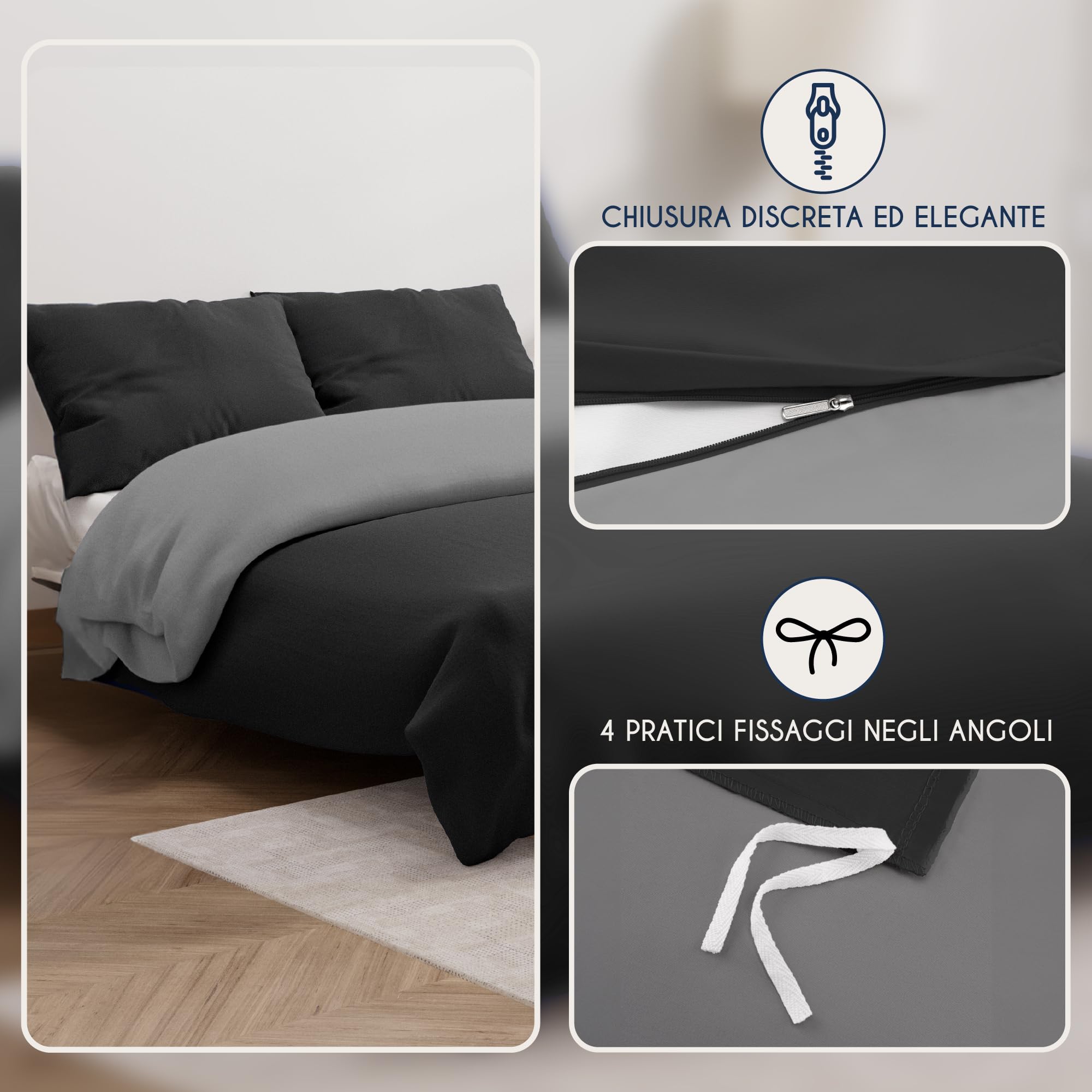 Dreamzie Copripiumino Matrimoniale 260x240 cm con 2 Federe 65x65 cm - Nero/Grigio Scuro Set Copripiumino Matrimoniale 260x240
