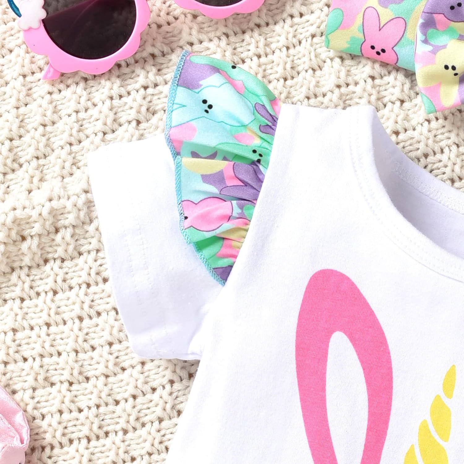 Toddler Girl Easter Outfit Short Sleeve Ruffle Romper Pant Set with Rabbits headband