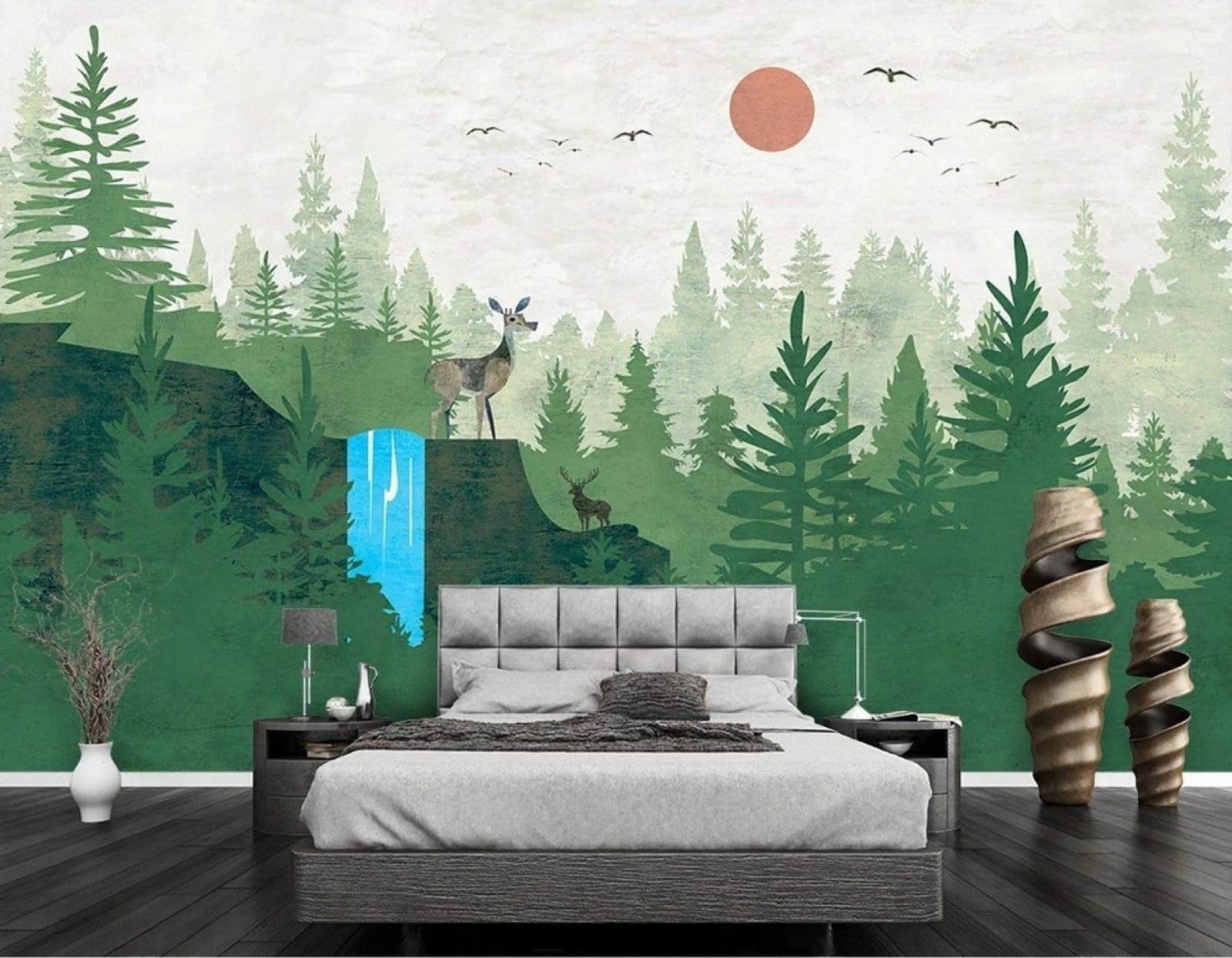 Papier peint panoramique forêt de pins vert décoration murale élan salon et chambre adulte