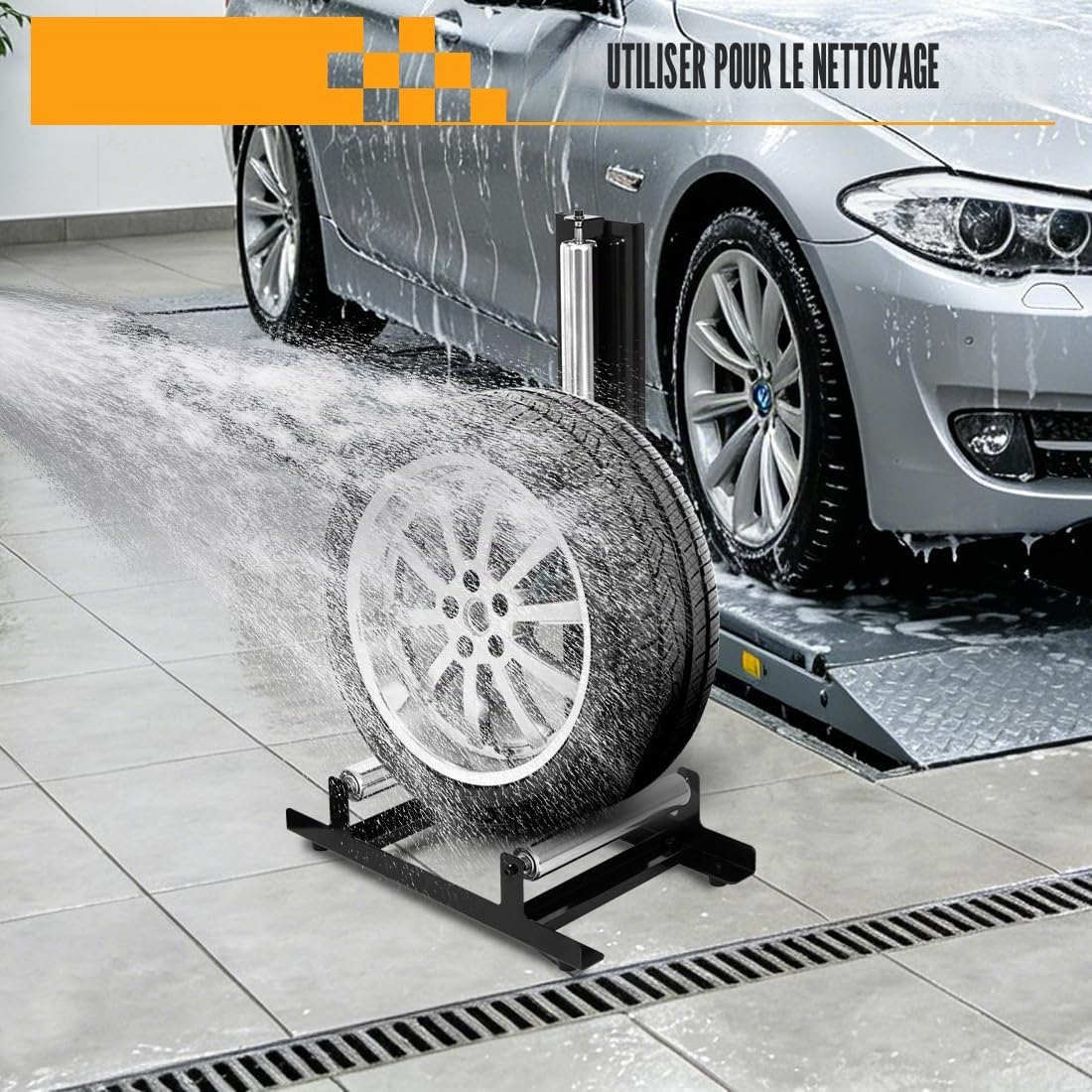 Étagère à Pneus Support de Nettoyage de Pneus de Voiture Support de Garage Accessoires pour le Nettoyage et le Polissage des Pneus, Capacité de Charge 50kg, 58x36.5x89cm