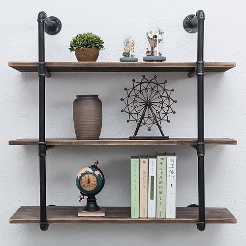 Miniatura 48 de MBQQ, Estantes de tubería industrial con madera, estante de montaje en pared rústico, estantería de metal colgada, estantería flotante de
