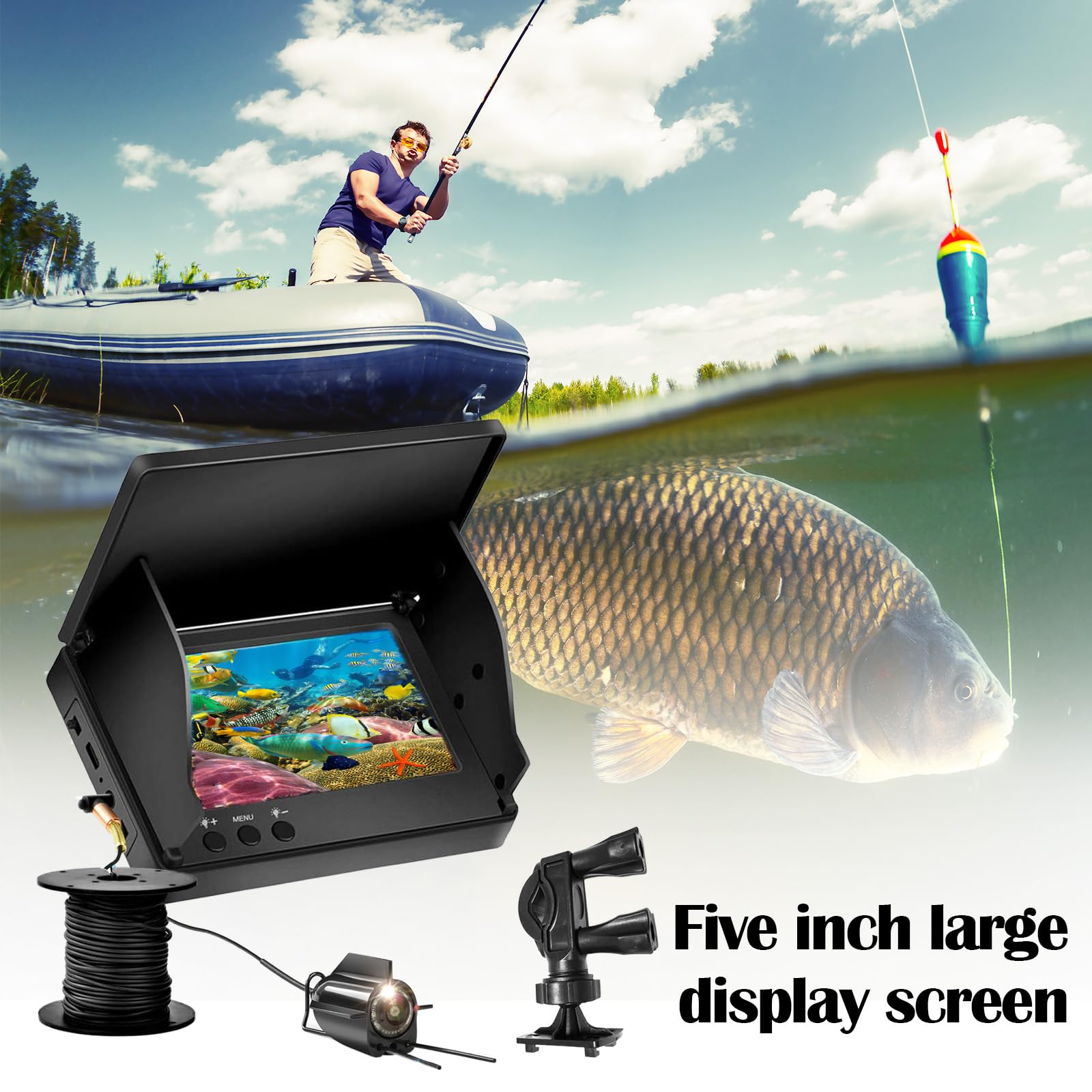 Telecamera Subacquea Pesca, Ecoscandaglio da Pesca Impermeabile IP65 Fish Finder con 5" IPS Display 8000mAh Batteria 30m Cavo 220° Visione Notturna Grandangolare per Pesca in Mare Pesca su Ghiaccio