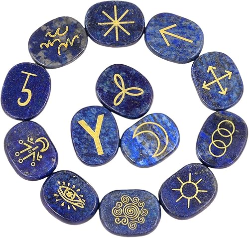Rockcloud Juego de runas de brujas de cristal curativo Lapislázuli, símbolo gitano, piedras de chakra, piedra de palma, equilibrio de reiki, 13