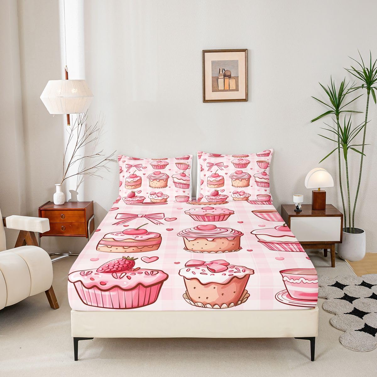 Manfei Juego de sábanas bajeras de 3 piezas, diseño de pastel de chocolate con diseño de tartán geométrico y lazo de fresa, 3 piezas, bonitas sábanas románticas con 2 fundas de almohada, decoración de