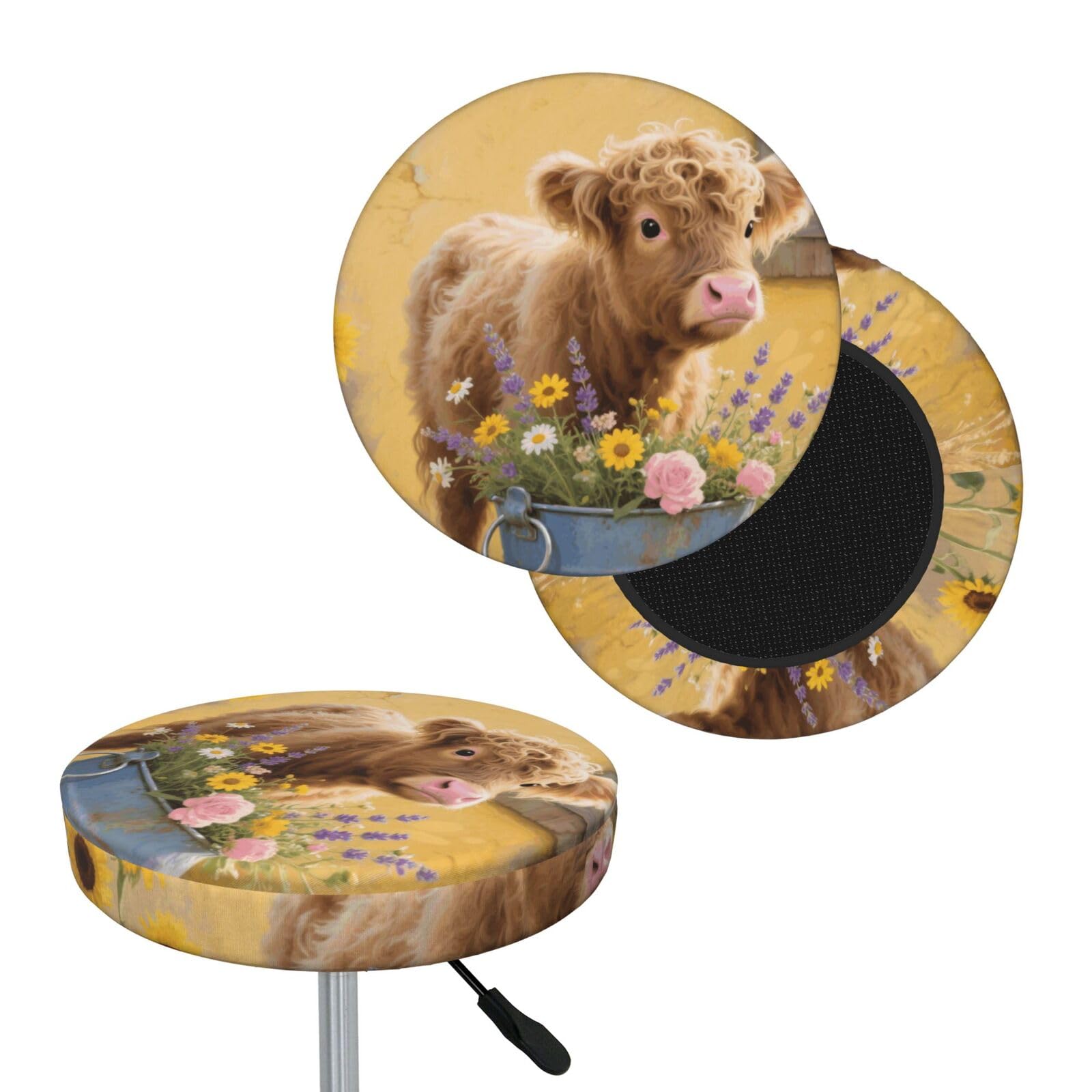 FekiLoot Farmhouse Cow Round Bar Stool Covers Stretch Washable Bar Stool Covers Dustproof Slipcover Bar Chair Covers with Elastic Band for Bar Kitchen Living Room Decor 12 Inch