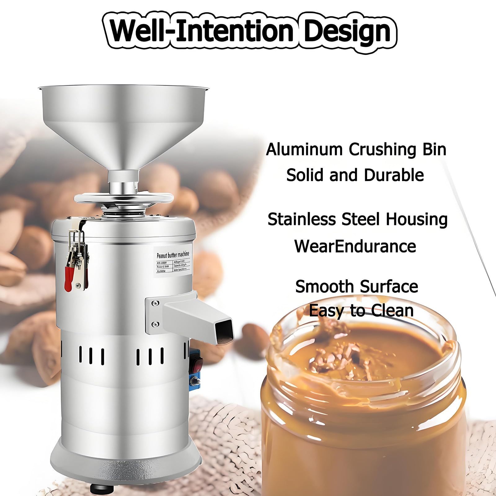 Erdnuss-Sesam-Mahlmaschine, Edelstahl-Erdnussbutter-Maschine, Home/Commercial Grinder für Erdnuss, Cashew-Nuss, Sesam - 15 kg/h Kapazität