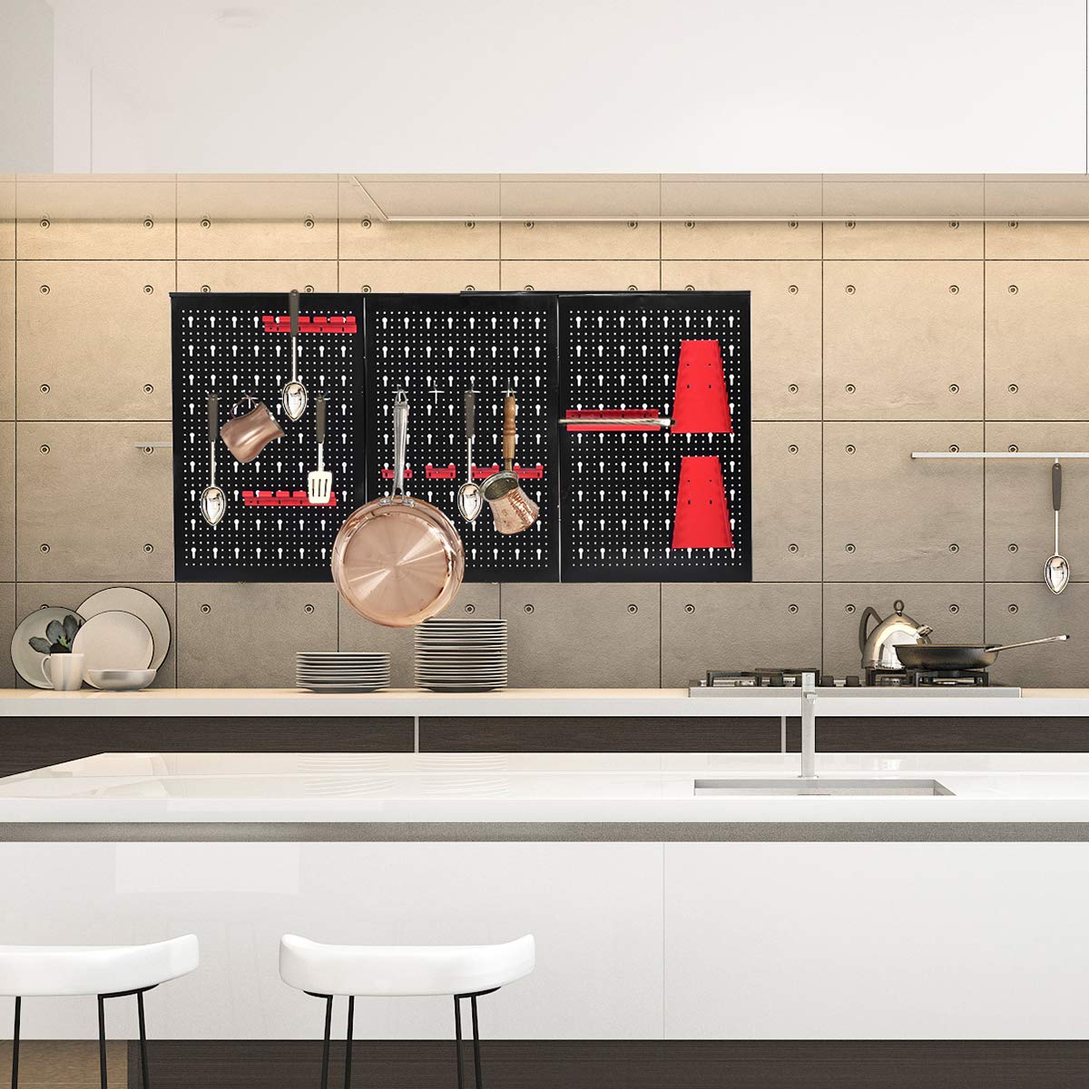 GOPLUS Organizador de Herramientas de Pared, Estante de Almacenamiento de Metal con 3 Paneles Perforados y 17 Accesorios, Soportes para Herramientas para Bricolaje Taller Garaje, 120 x 60 cm
