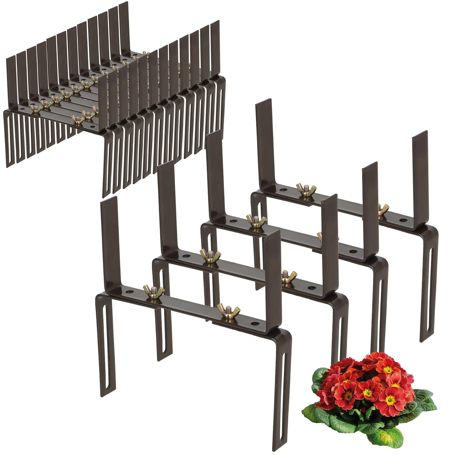 com-four® 16x Supporto per fioriere per parapetti e ringhiere di balconi - Fissaggio Flessibile in Metallo per fioriere - Regolabile in 2 direzioni - Senza Foratura (16 Marrone)