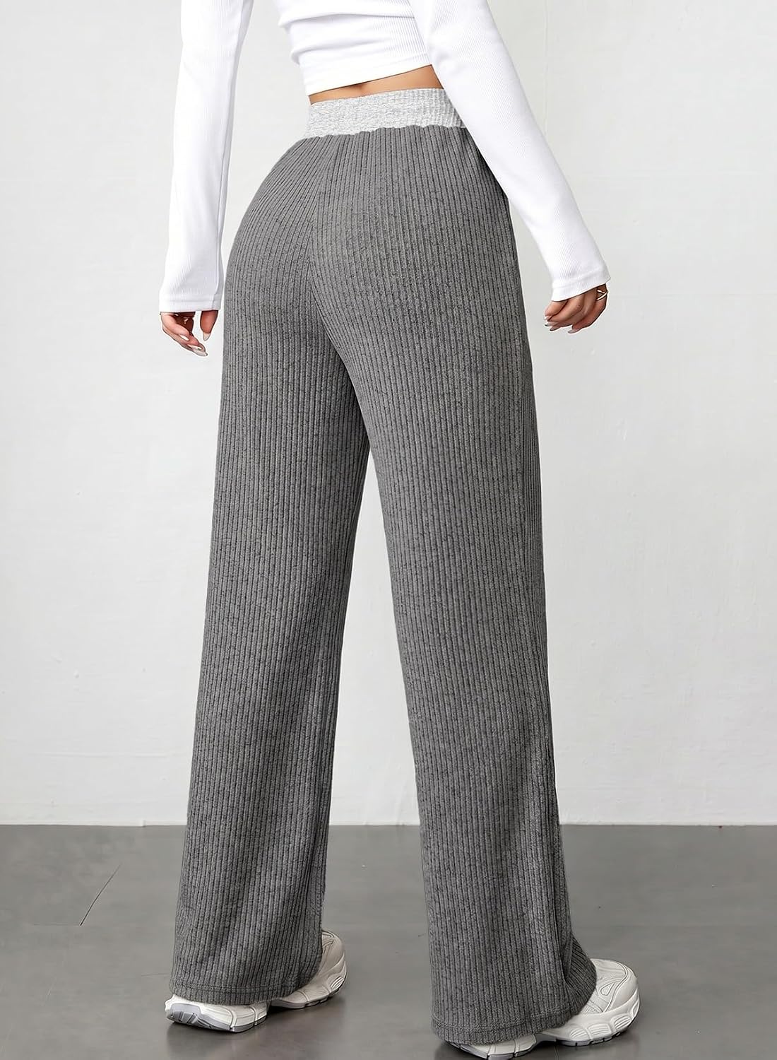 Aleumdr Womens Color Block Ribbed Lounge Pants with Pockets Casual Wide Leg Comfy Hight Waisted Knit Pajama Pants