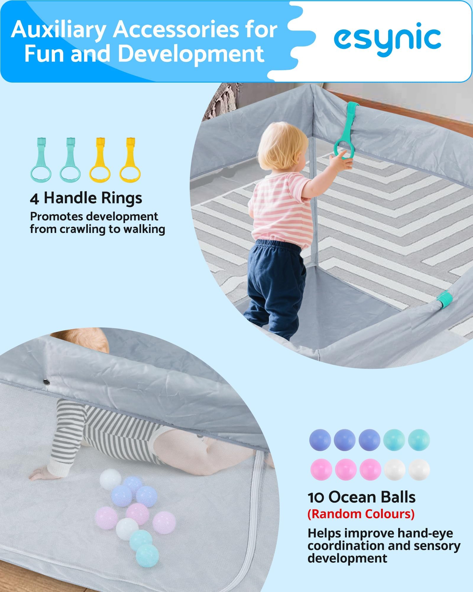 eSynic Corralito Bebé Portátil 120x120cm, Parque Infantil Plegable con 10 Bolas, Malla Transpirable, 4 Agarraderas y Bolsa Transporte - Juegos Seguros para Bebés